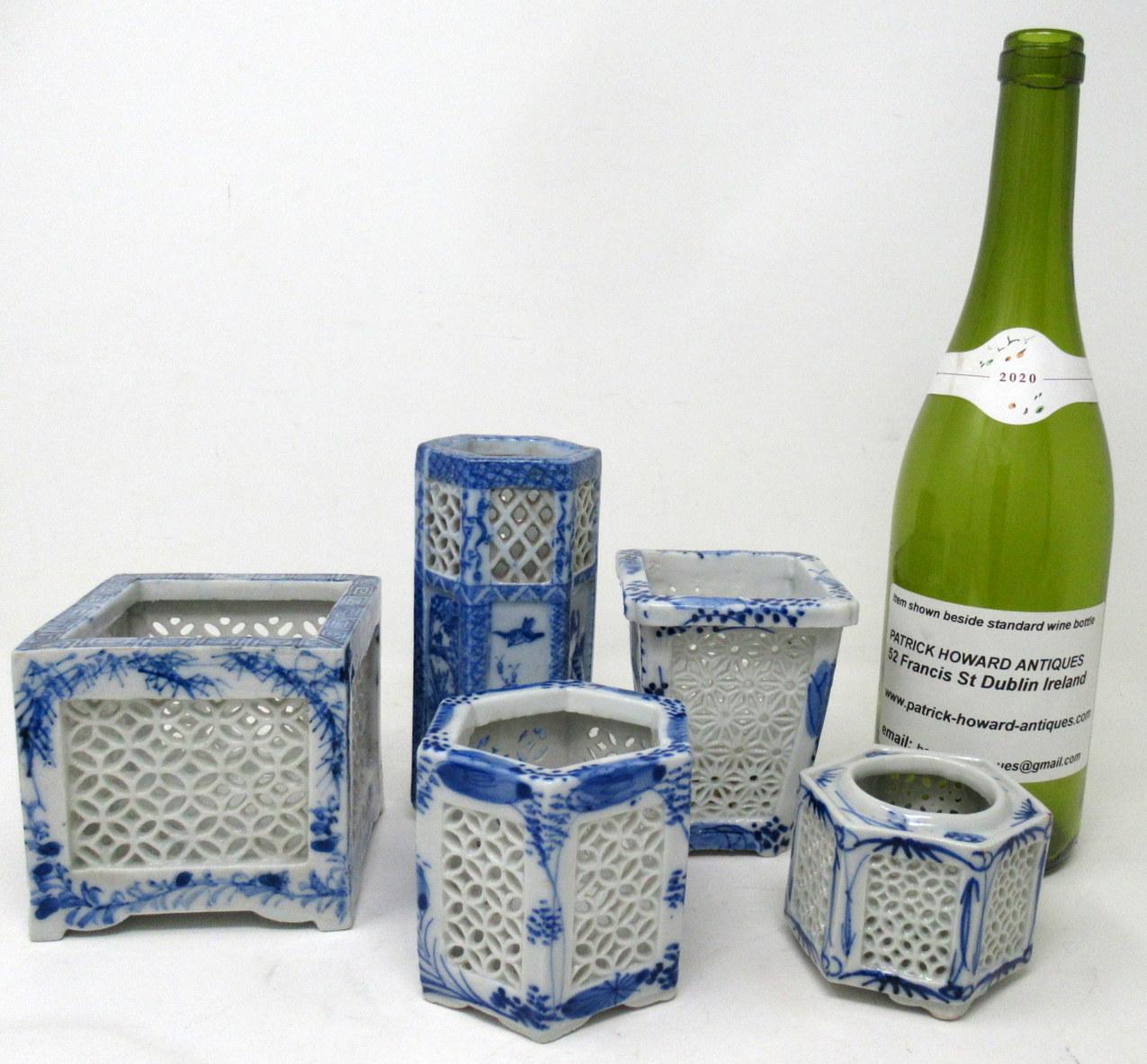 Antique Painted Blue White Japanese Chinese Reticulated Hexagonal Porcelain Vase 3