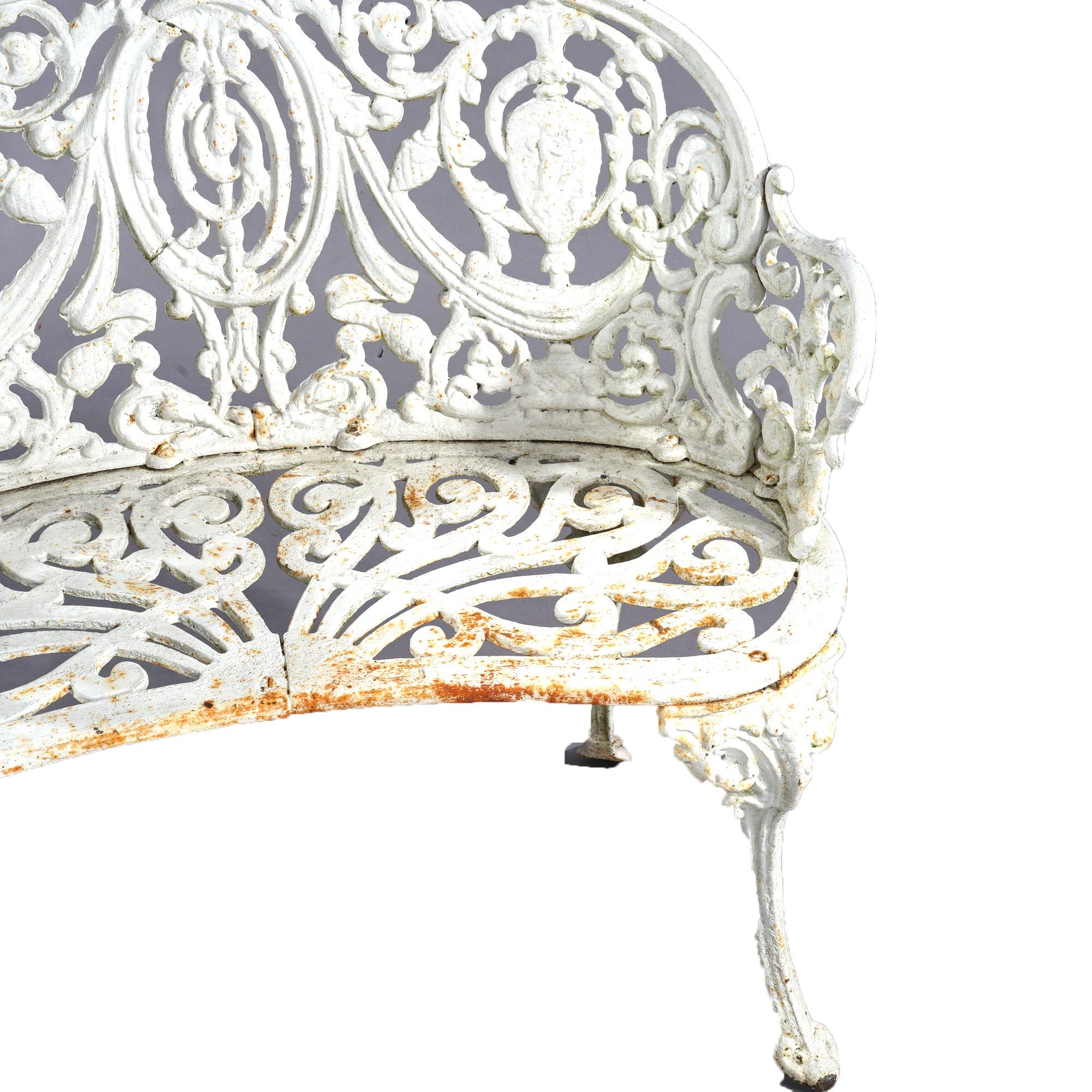 Antique Painted Cast Iron Cameo & Floral Garden Settee c1920 In Good Condition For Sale In Big Flats, NY