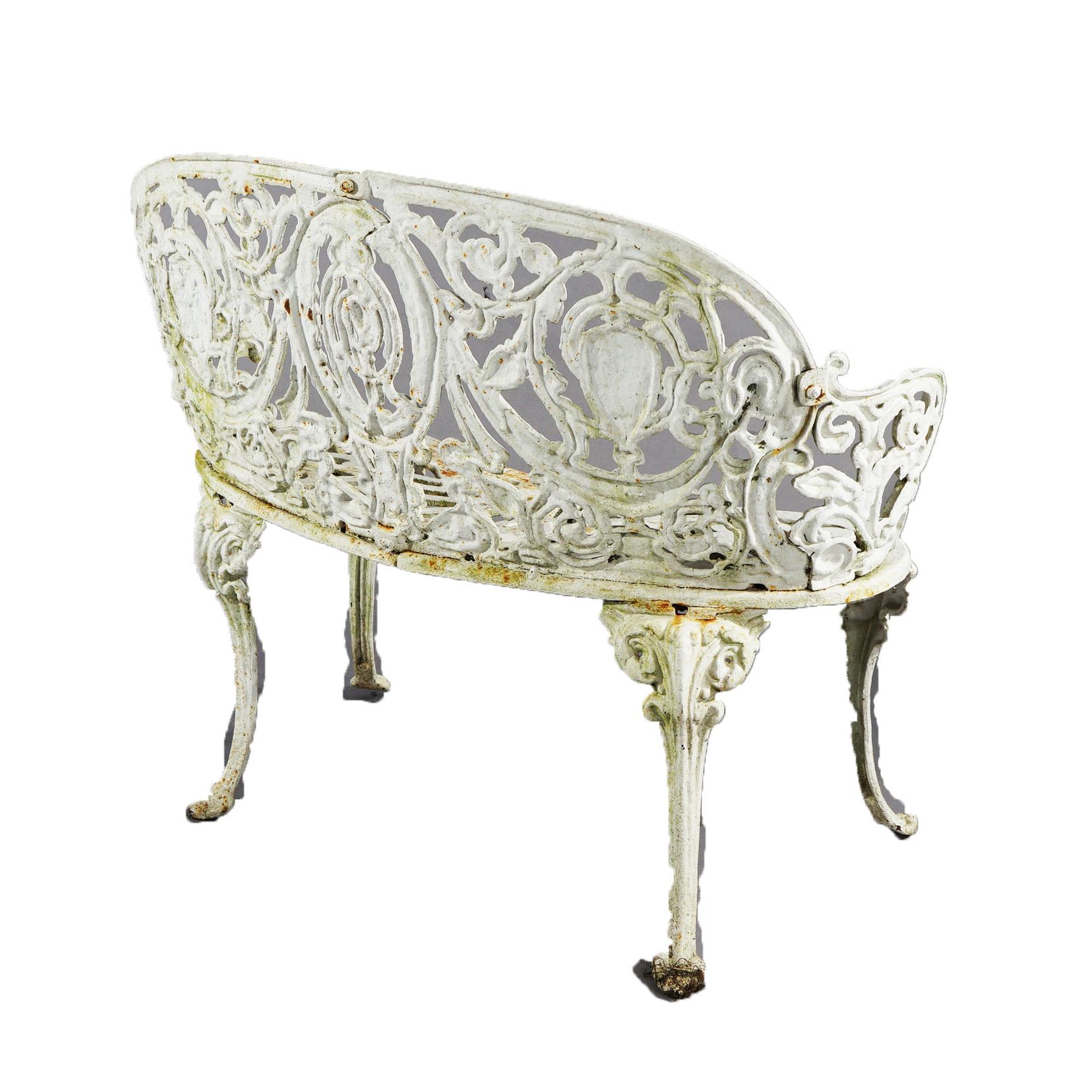 Antique Painted Cast Iron Cameo & Floral Garden Settee c1920 For Sale 4