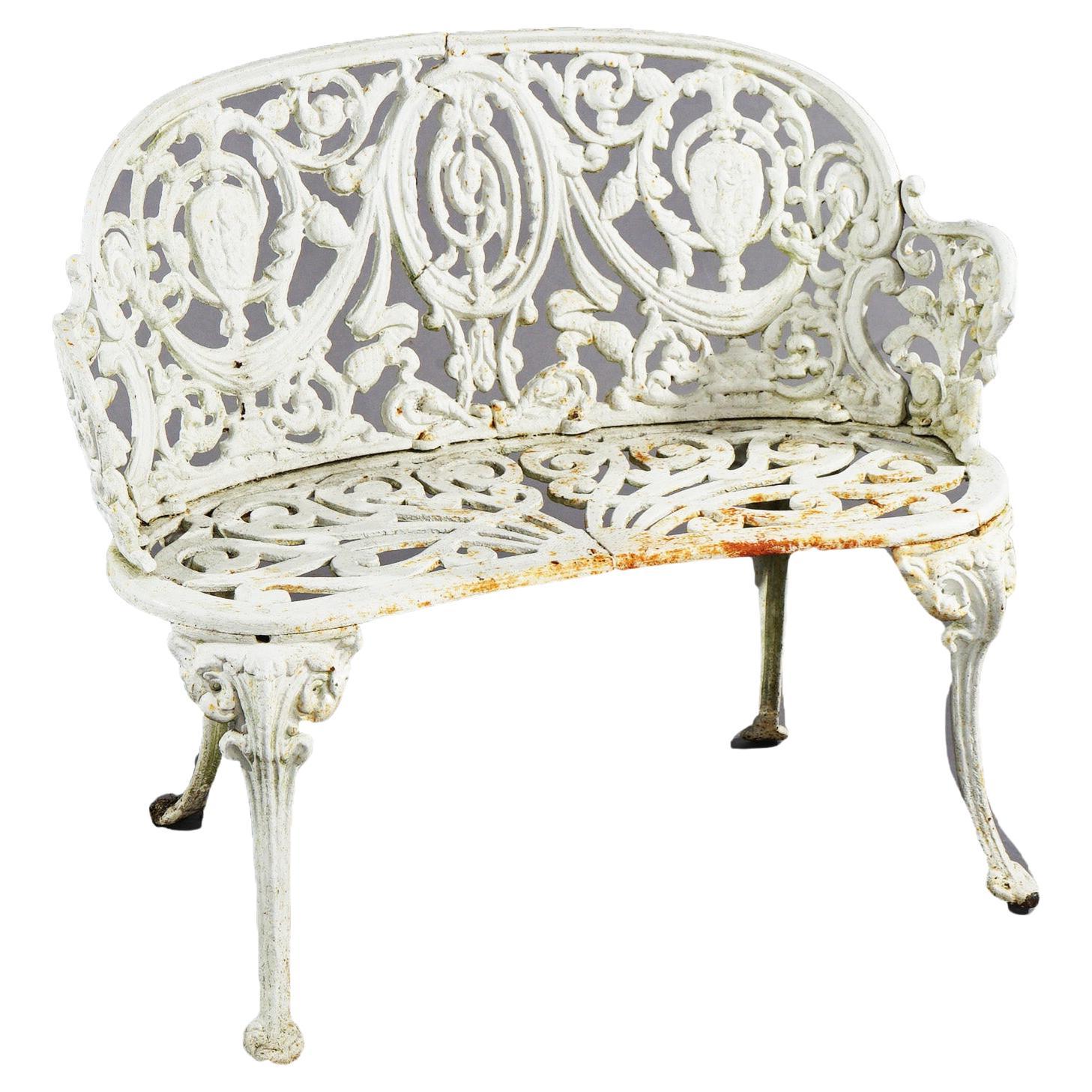 Antique Painted Cast Iron Cameo & Floral Garden Settee c1920 For Sale