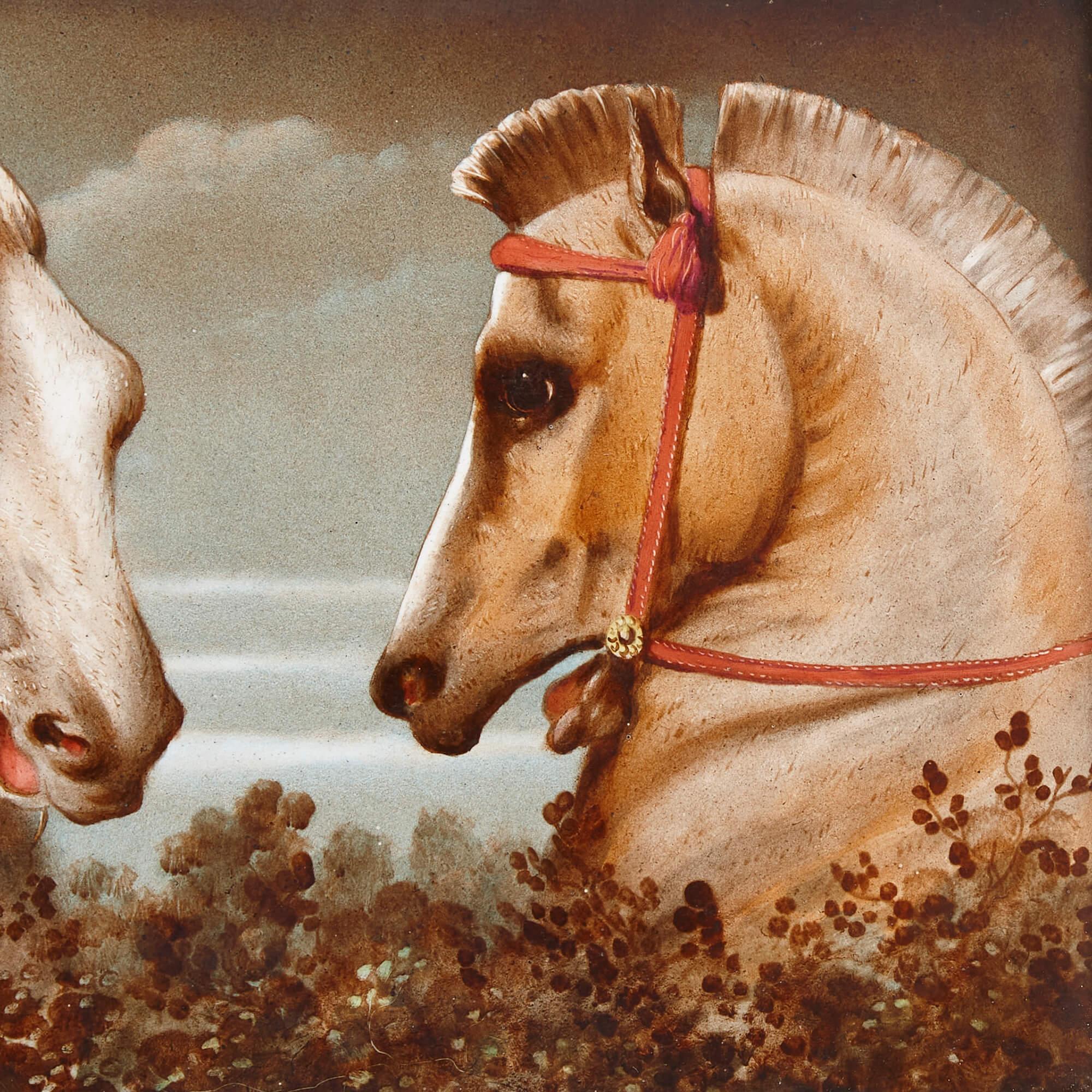 Gilt Large Antique Painted Ceramic Equestrian Plaque For Sale