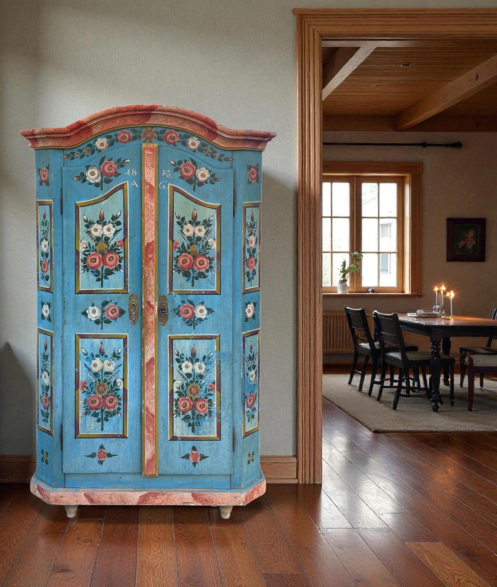 Antiker bemalter Schrank, datiert 1843 (Mittleres 19. Jahrhundert) im Angebot