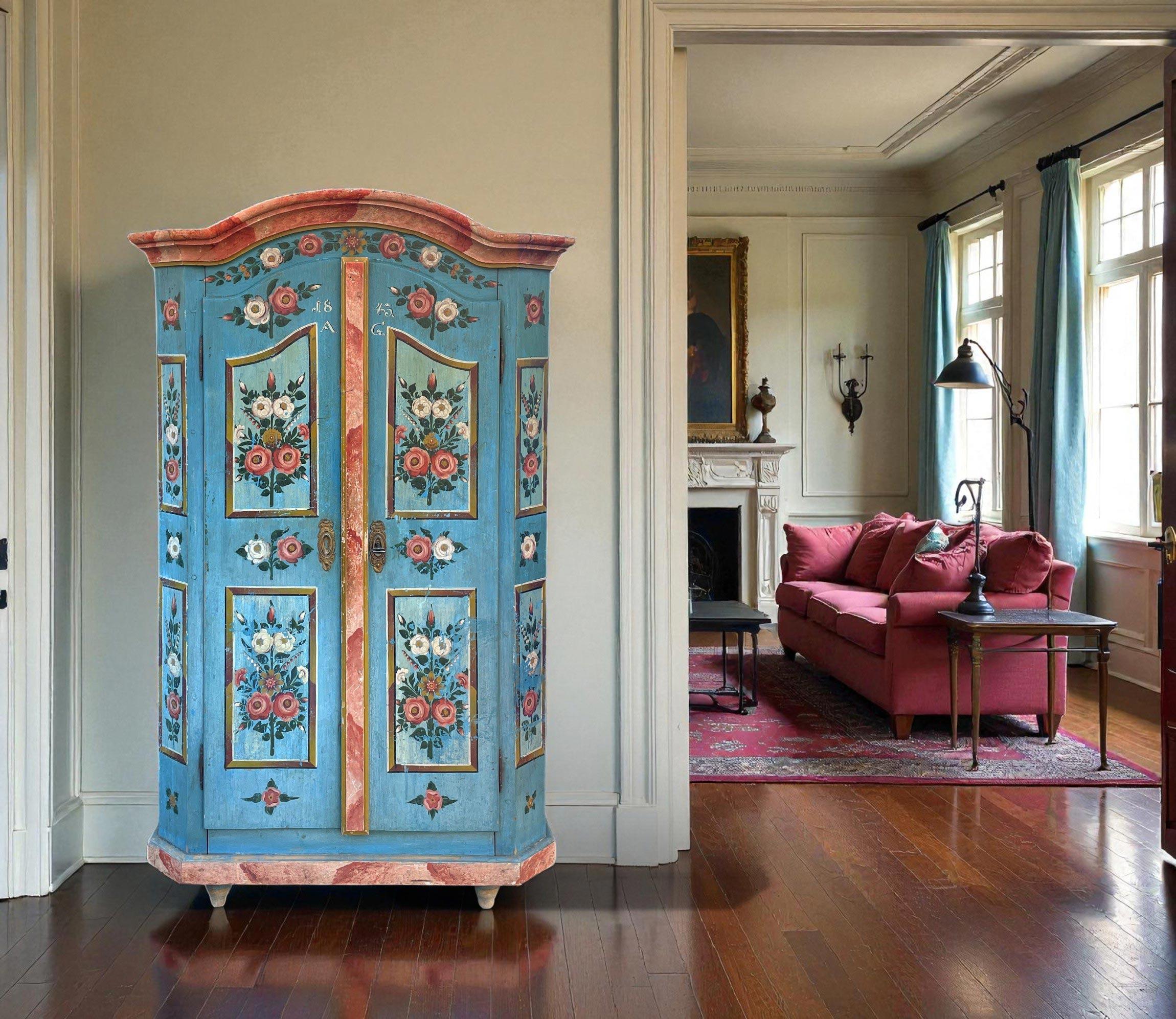 Antiker bemalter Schrank, datiert 1843 (Tannenholz) im Angebot