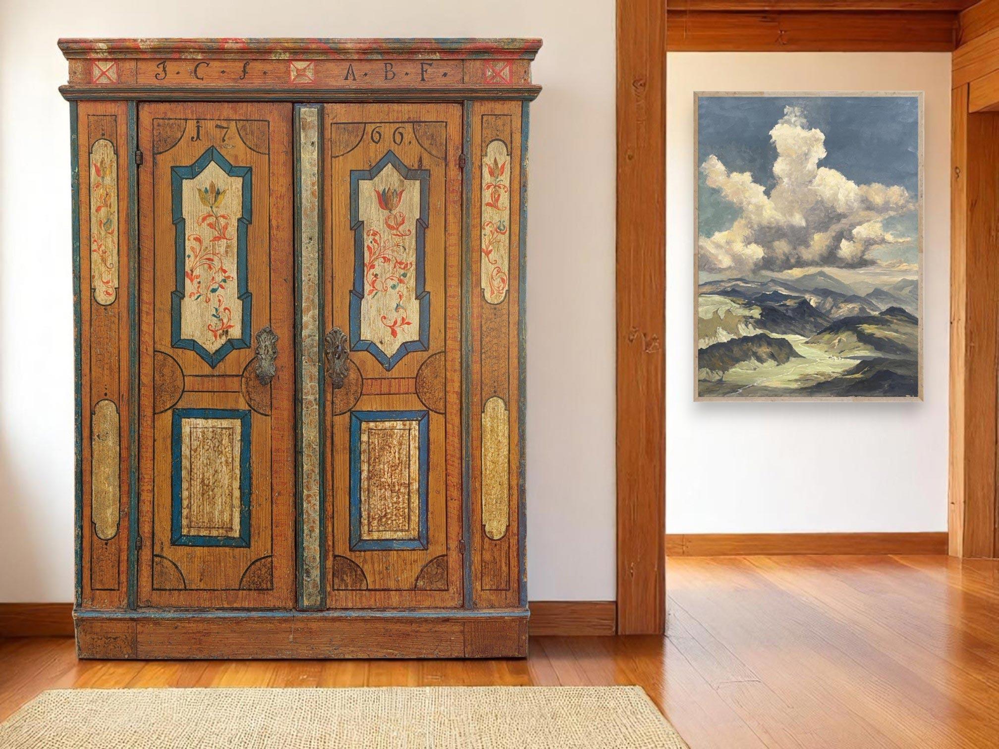 Peint Antique Painted Cupboard with Flowers Dated 1766 en vente