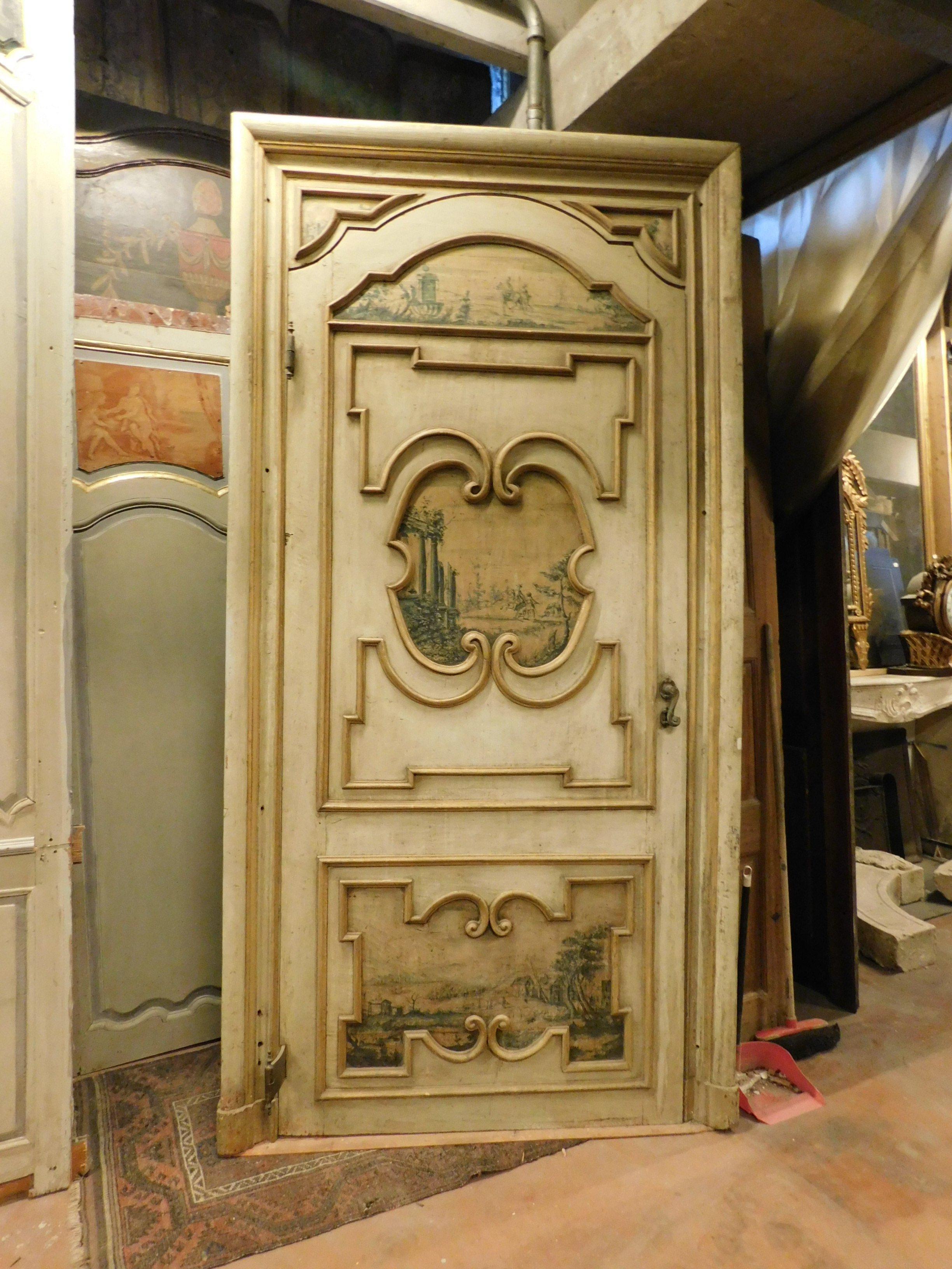 Italian Antique painted door, frame, decorated both sides, '700 Italy For Sale