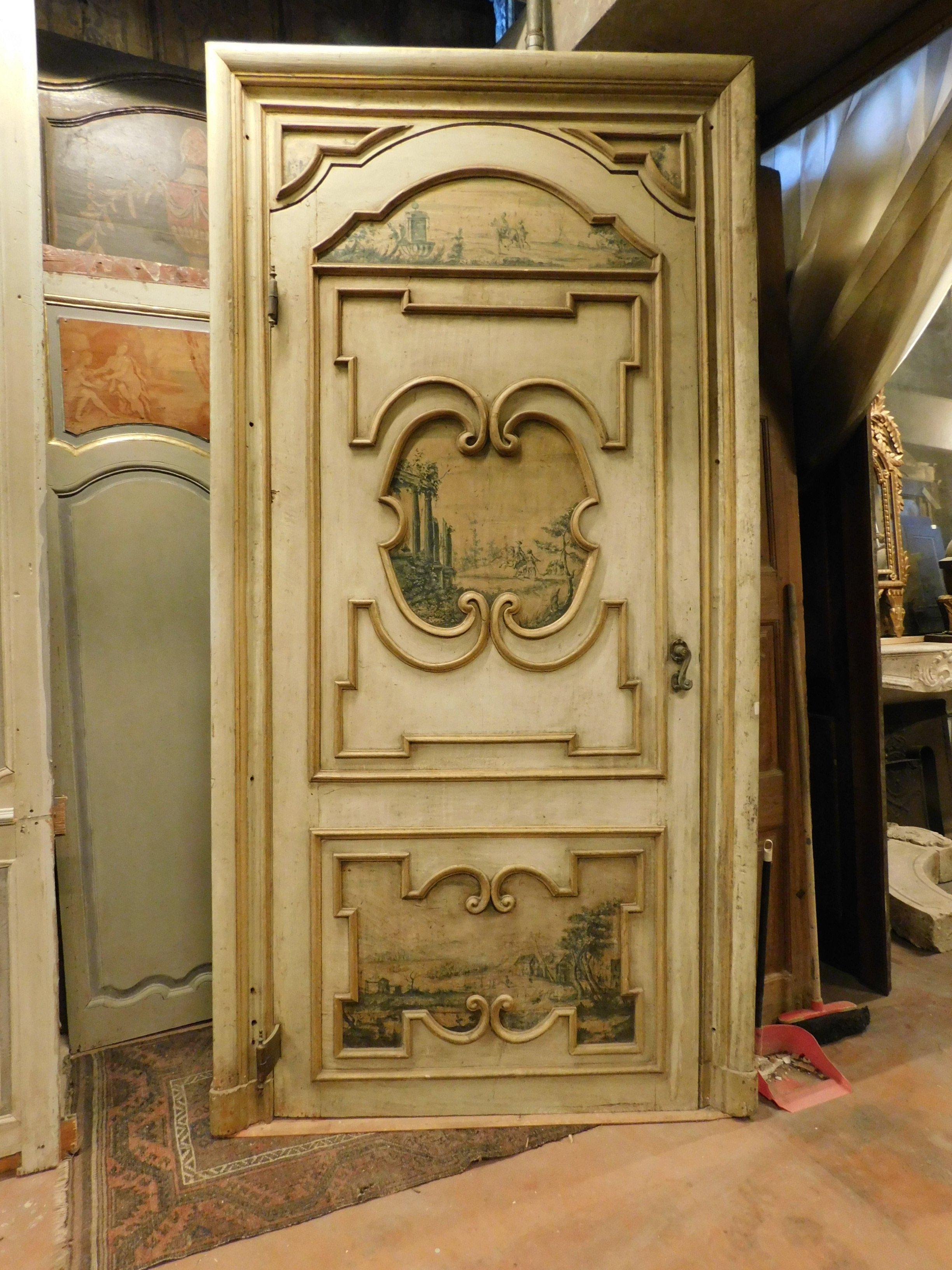 Hand-Painted Antique painted door, frame, decorated both sides, '700 Italy For Sale
