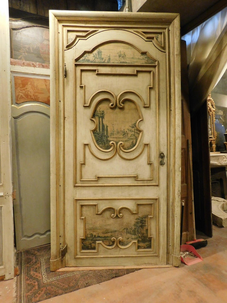 Antique painted door, frame, decorated both sides, '700 Italy For Sale