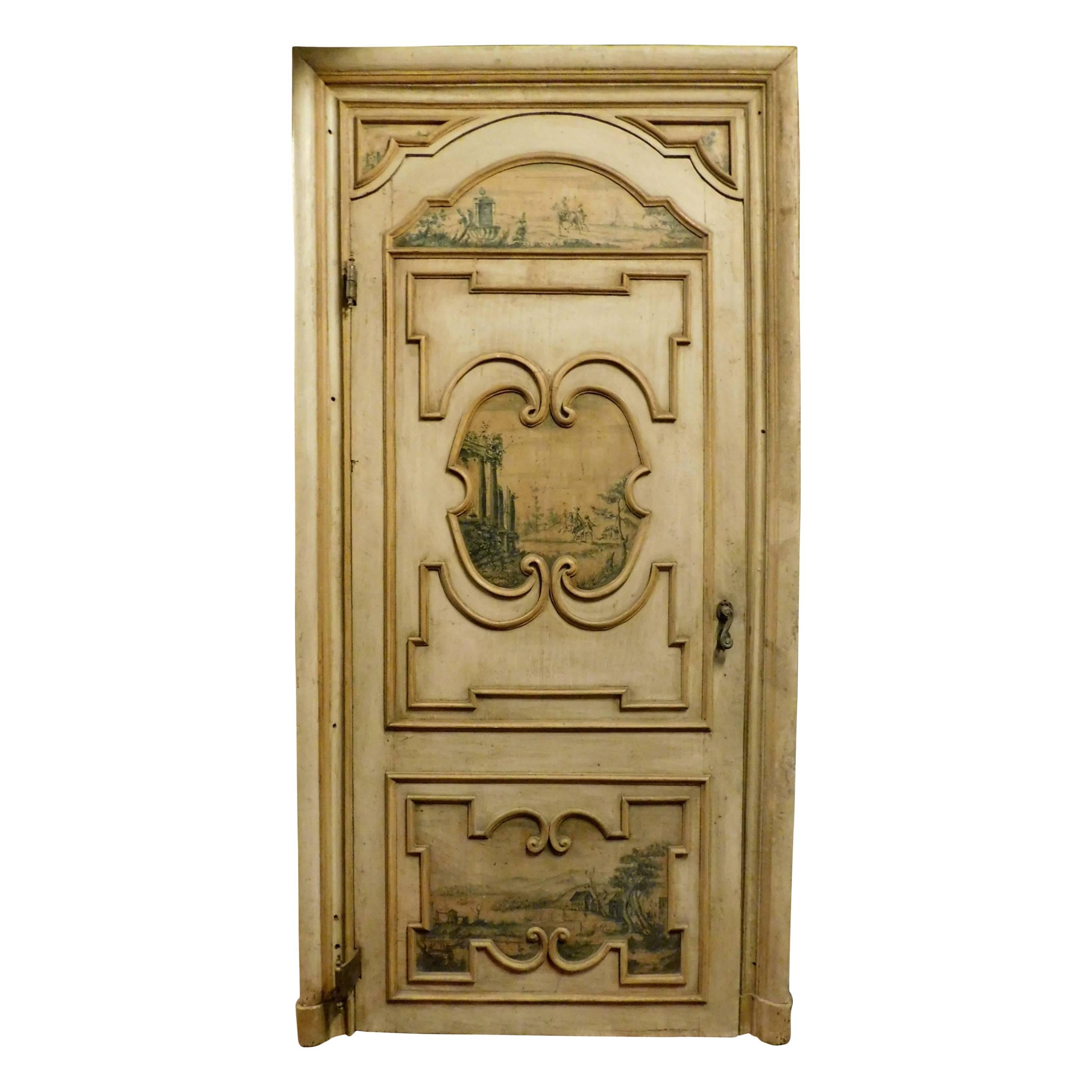 Antique painted door, frame, decorated both sides, '700 Italy