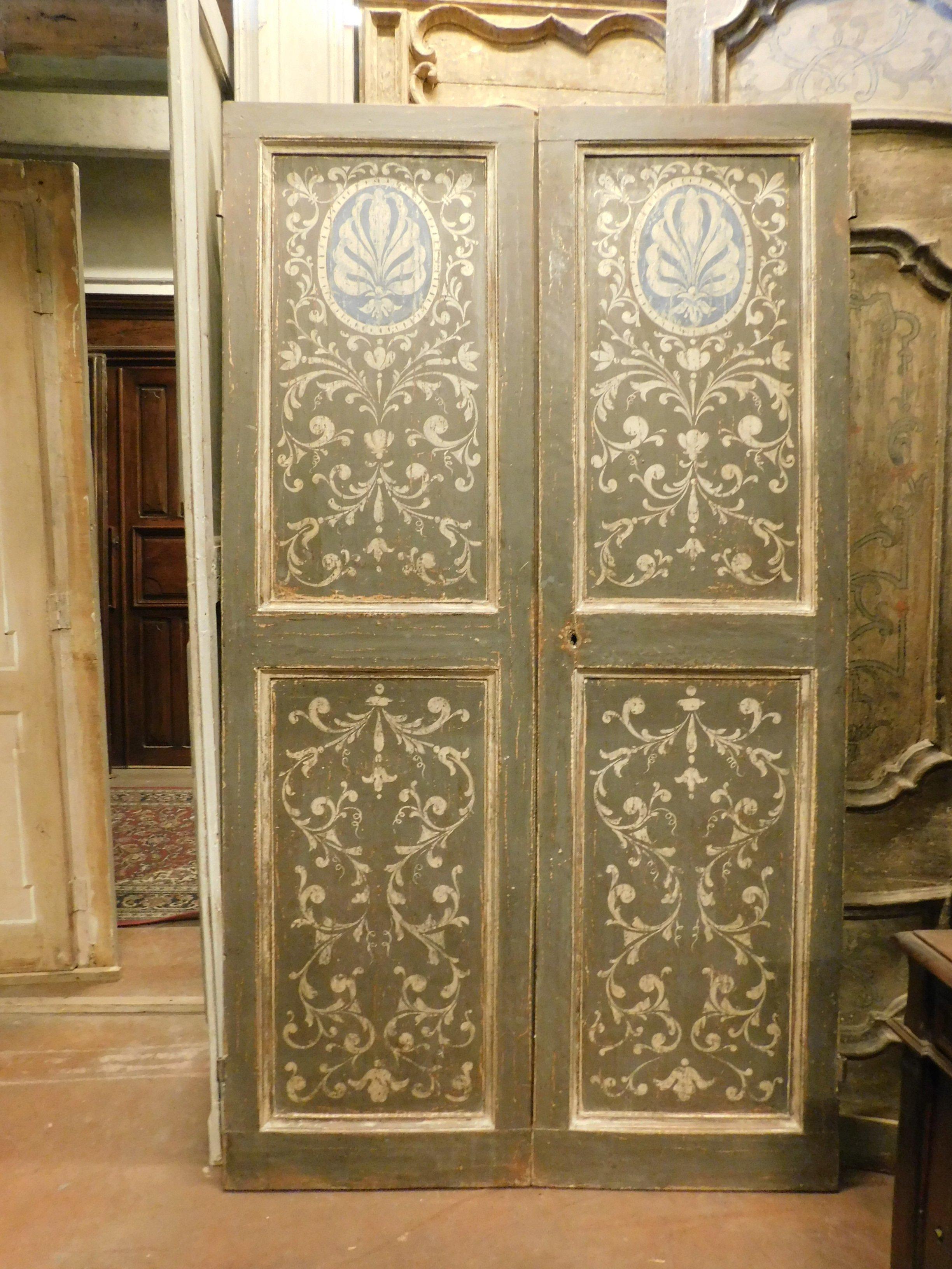 Italian Antique Painted Double Door, Grey and Blue Baroque Motifs, 18th Century, Italy For Sale