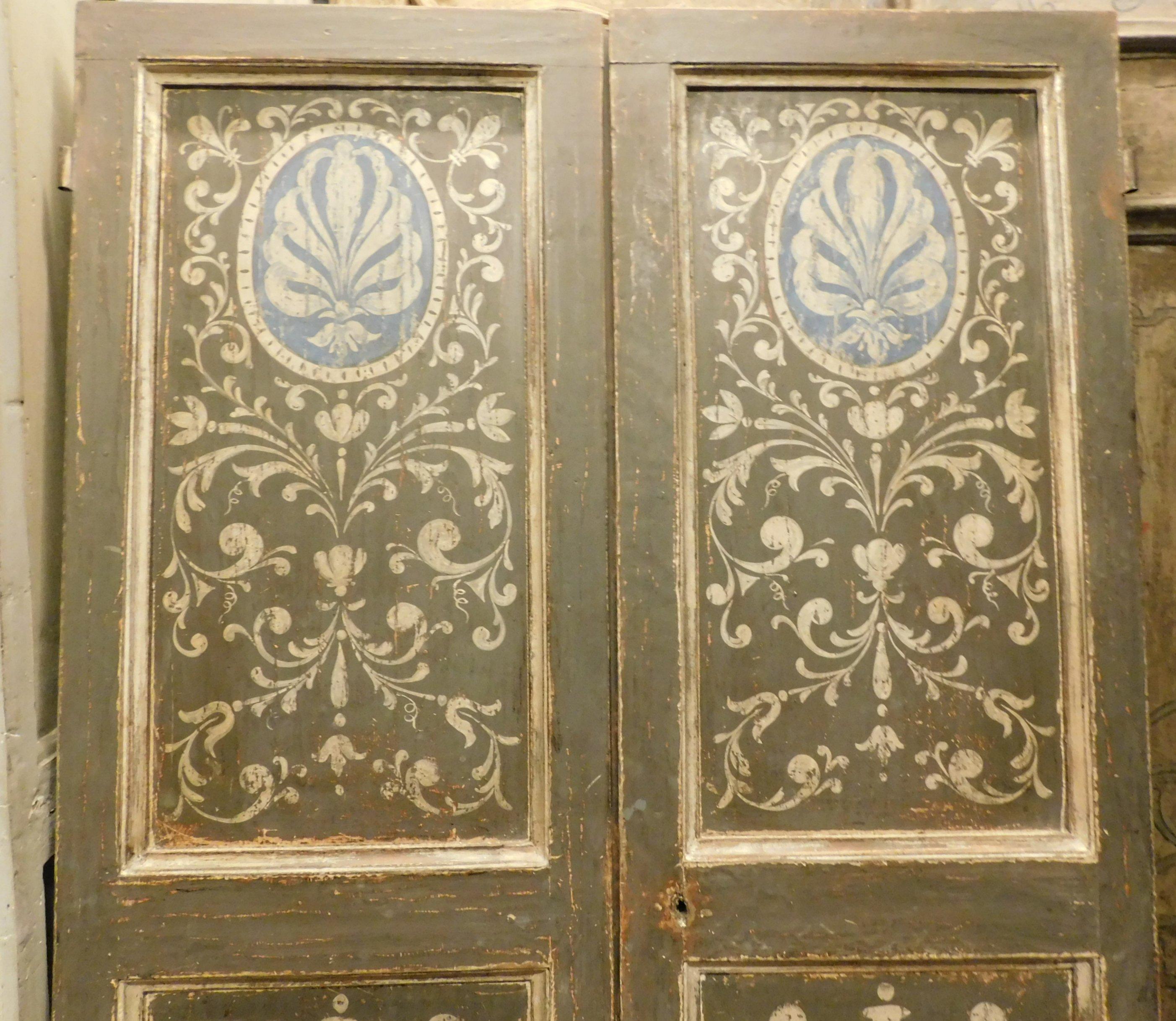 Hand-Painted Antique Painted Double Door, Grey and Blue Baroque Motifs, 18th Century, Italy For Sale