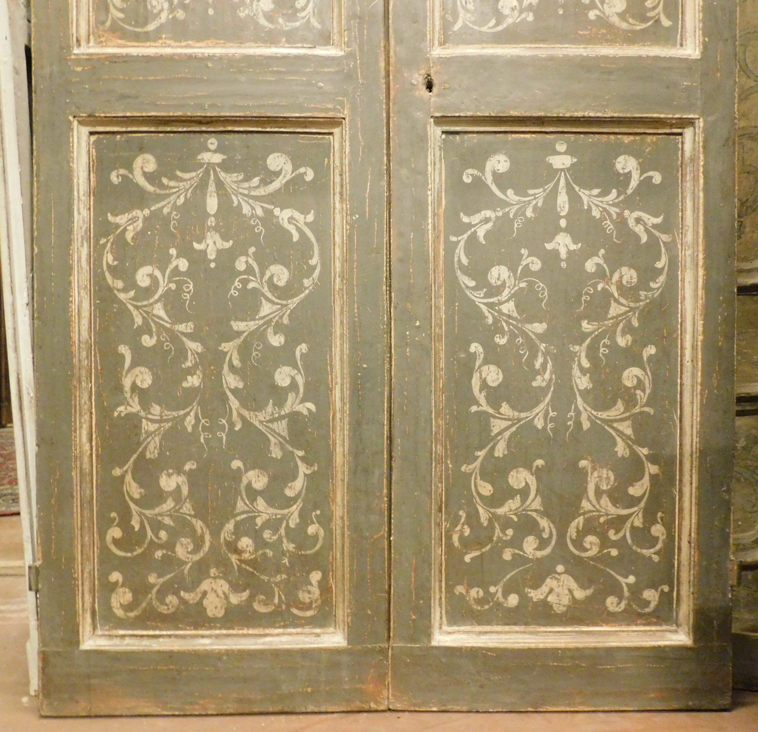 Wood Antique Painted Double Door, Grey and Blue Baroque Motifs, 18th Century, Italy For Sale