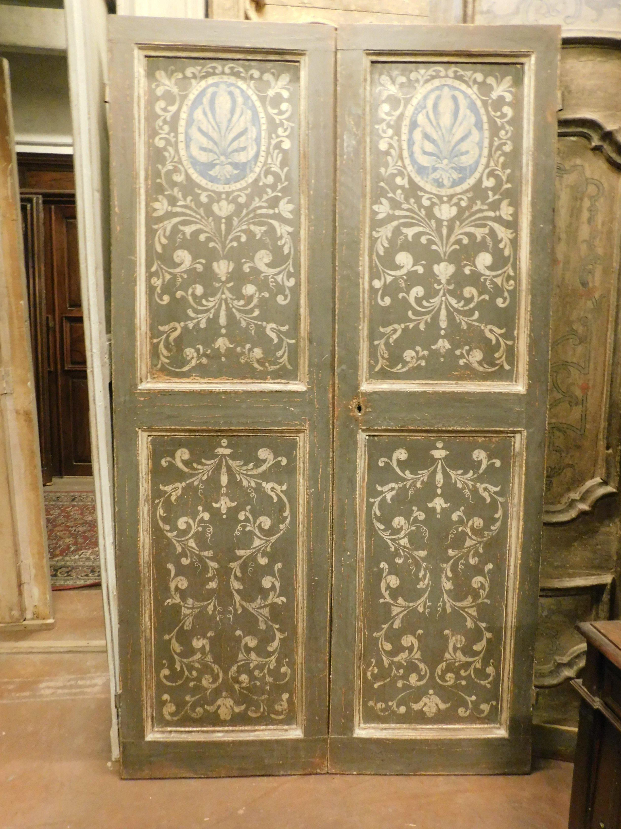 Antique Painted Double Door, Grey and Blue Baroque Motifs, 18th Century, Italy For Sale 1