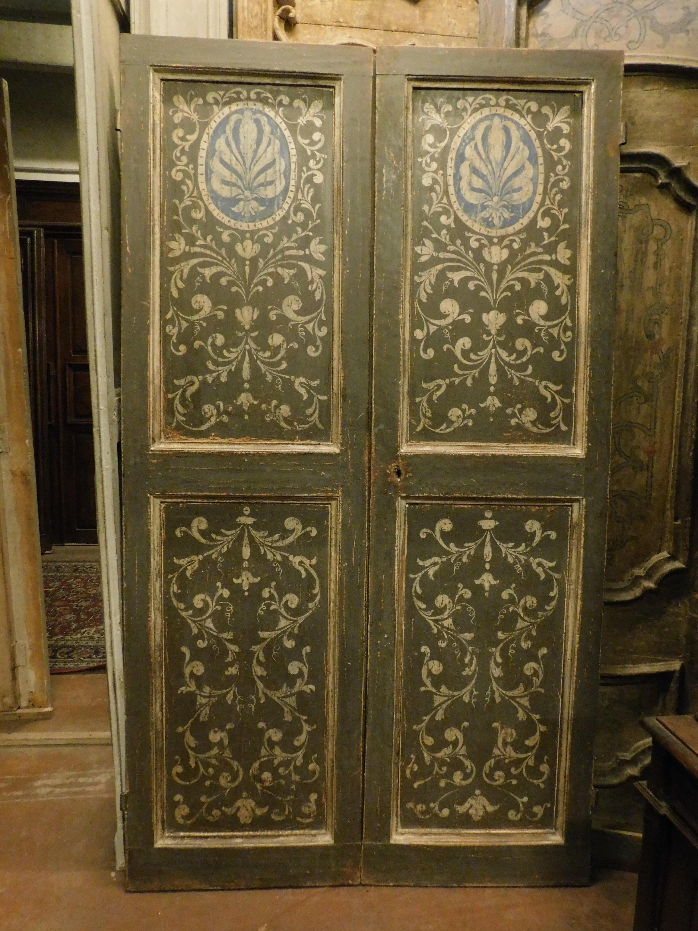 Antique Painted Double Door, Grey and Blue Baroque Motifs, 18th Century, Italy For Sale 2