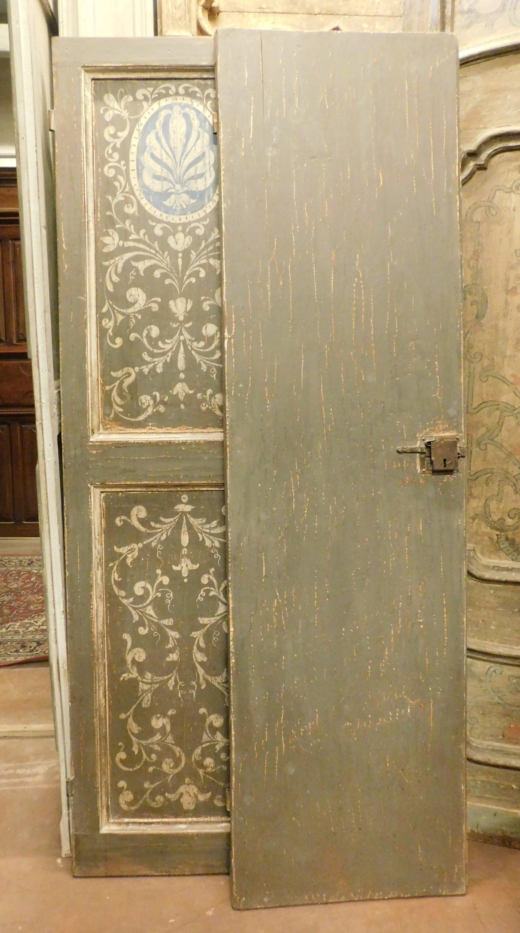 Antique Painted Double Door, Grey and Blue Baroque Motifs, 18th Century, Italy For Sale 3