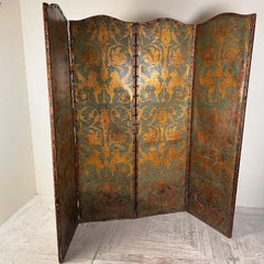 Antique Painted Embossed Leather Four-Fold Dressing Screen or Room Divider