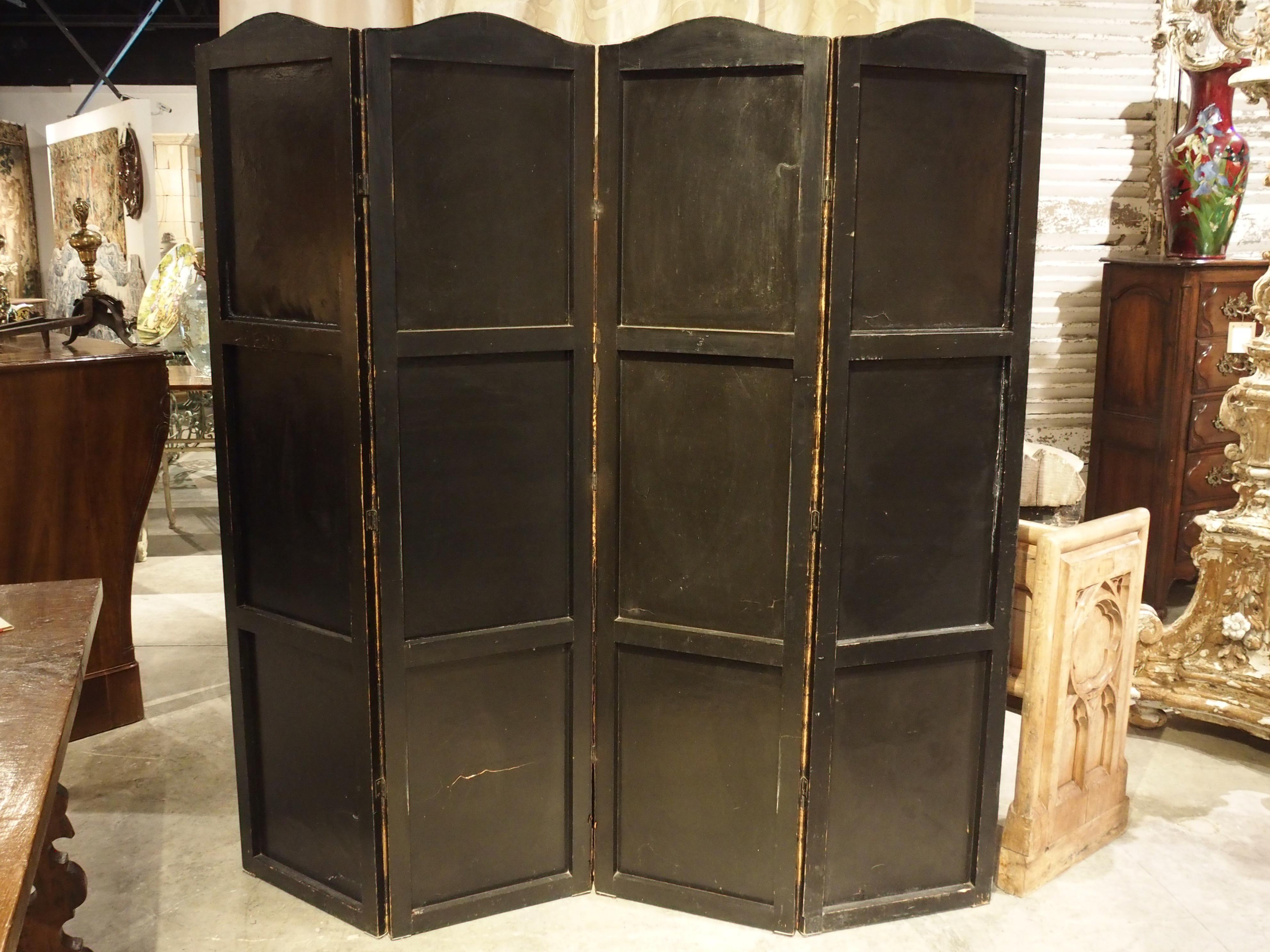 Antique Painted English Four Panel Leather Screen, 19th Century 10