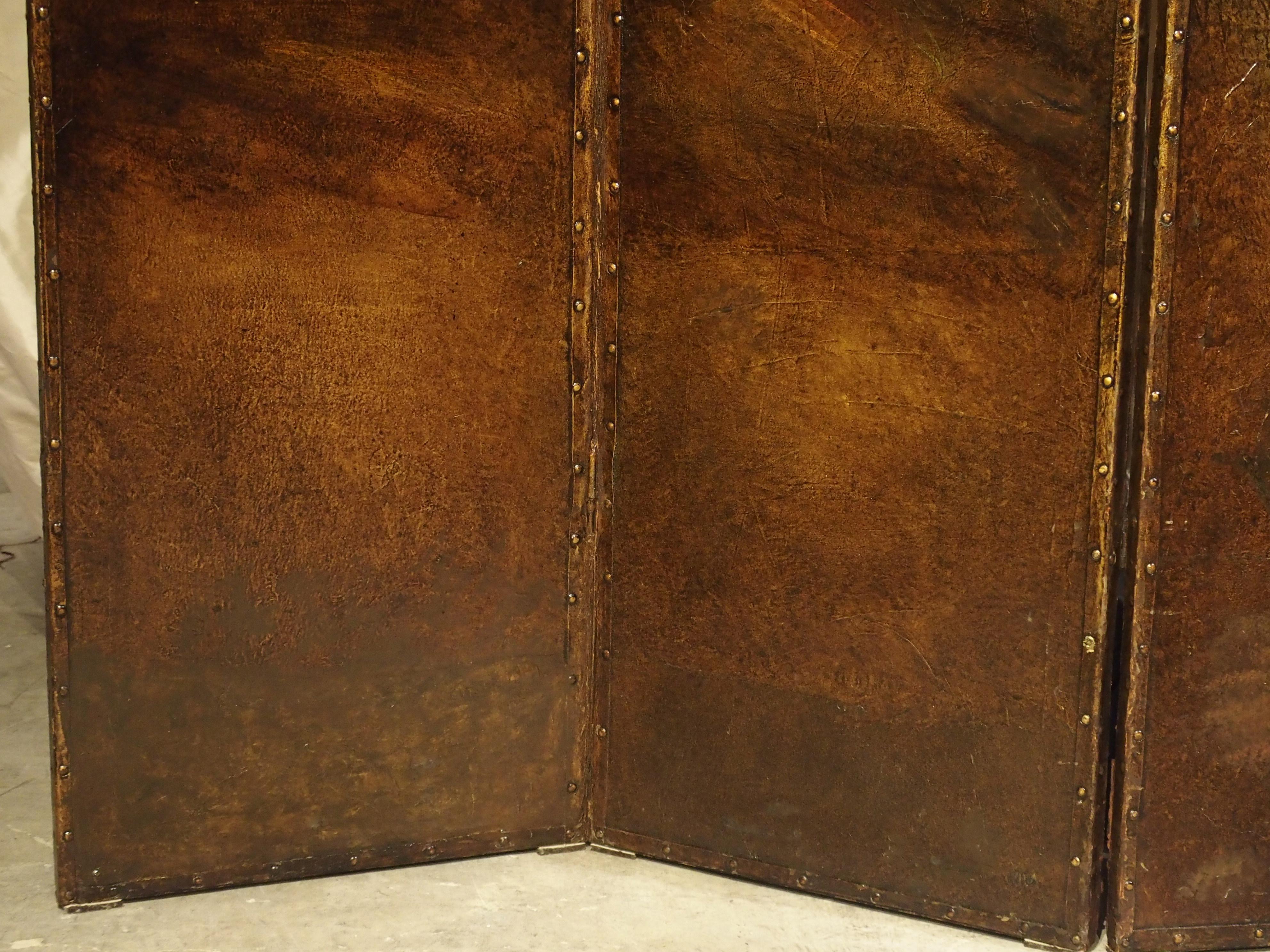 Antique Painted English Four Panel Leather Screen, 19th Century In Fair Condition In Dallas, TX