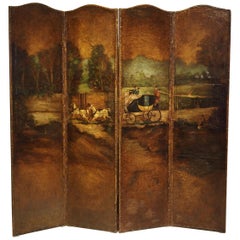 Antique Painted English Four Panel Leather Screen, 19th Century
