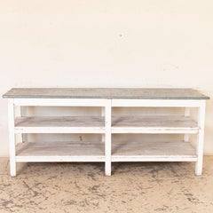 Antique Painted Farm Work Table with Zinc Top, Good Kitchen Island or in Green H