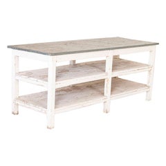 Used Painted Farm Work Table with Zinc Top, Good Kitchen Island or in Green H