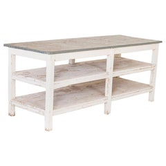 Used Painted Farm Work Table with Zinc Top, Good Kitchen Island or in Green H