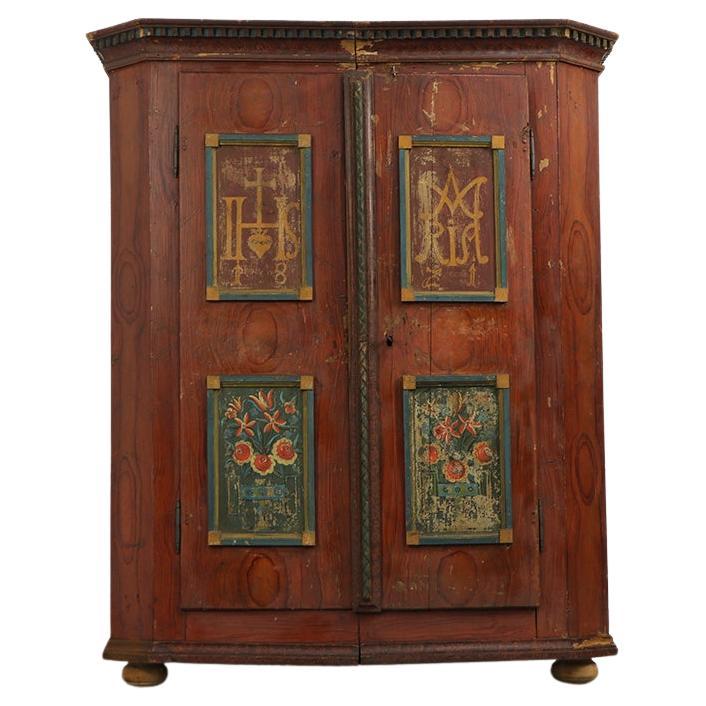 Antique Painted Farmhouse Folkart Bridal Cabinet from 1821 For Sale