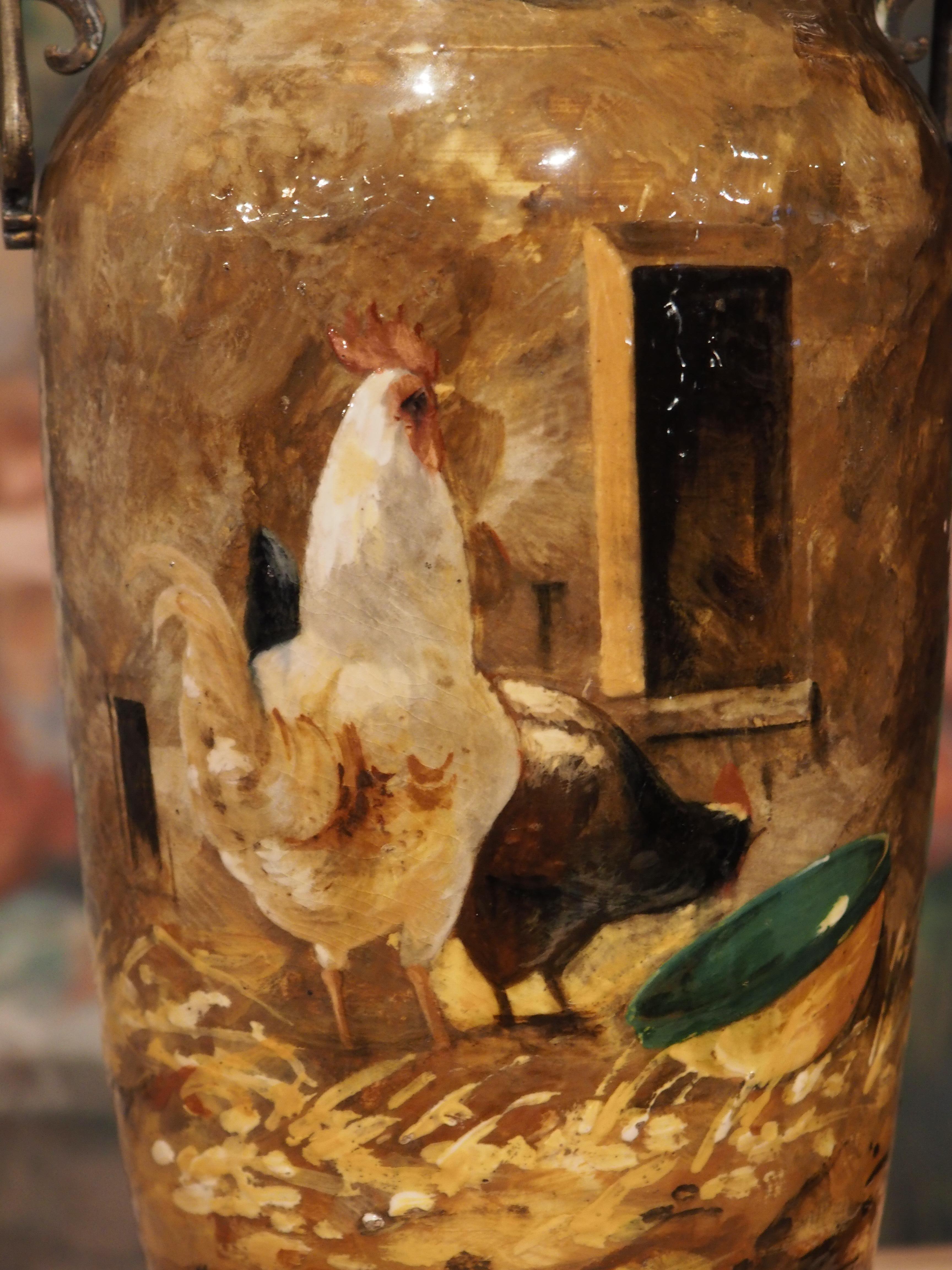 Antique Painted French Barbotine Vase by Theodore Lefront, circa 1880 In Good Condition For Sale In Dallas, TX