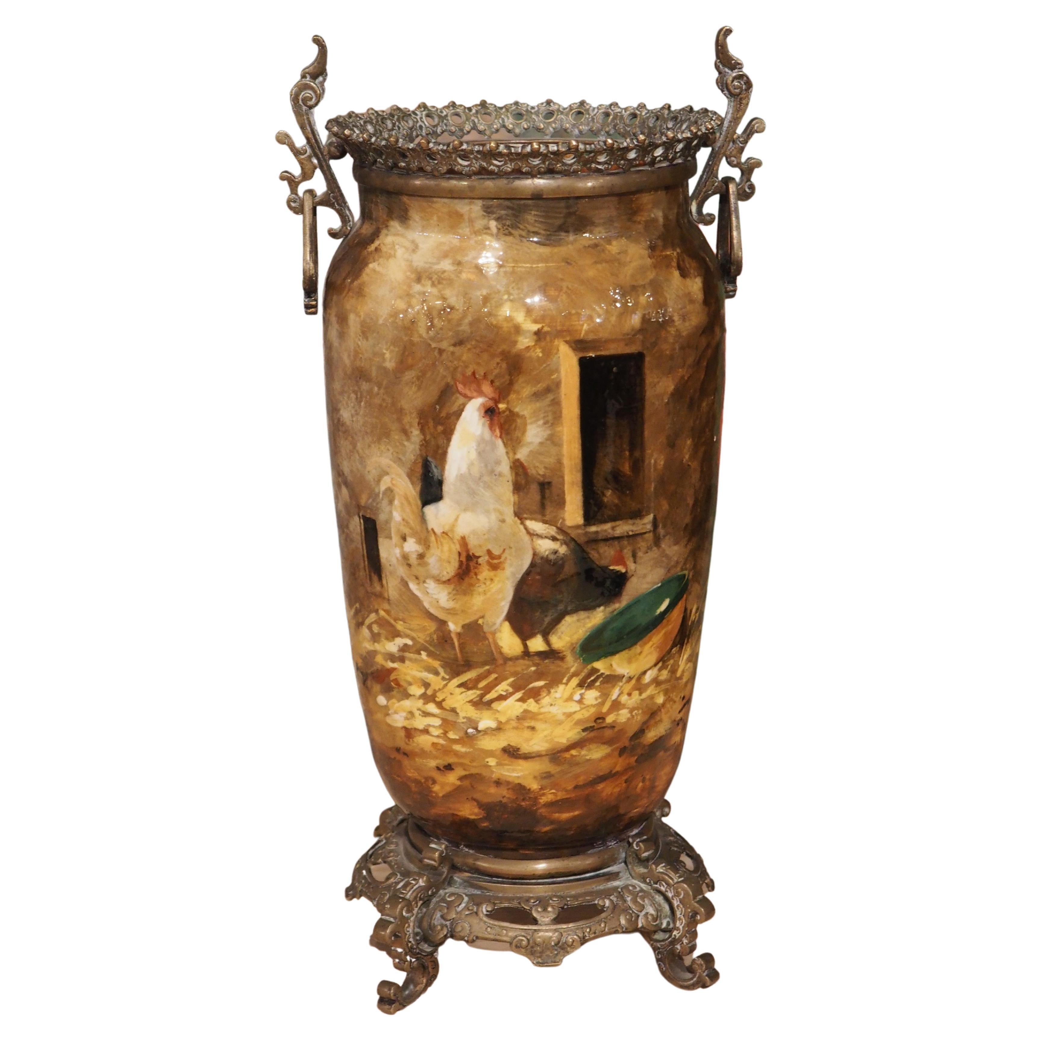 Antique French Barbotine Vase dipinto da Theodore Lefront, circa 1880 in vendita