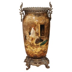 Antique Painted French Barbotine Vase by Theodore Lefront, circa 1880