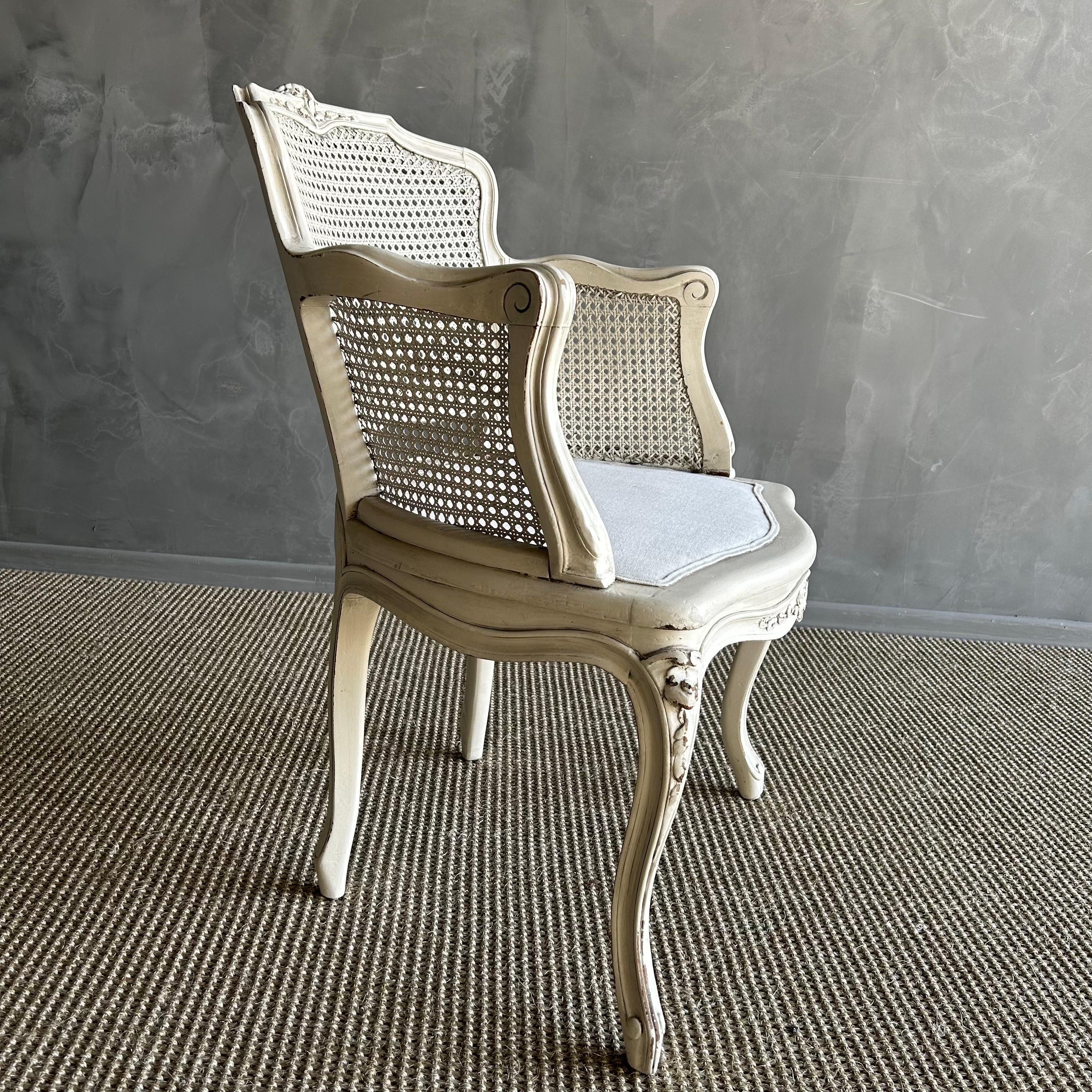 Linen Antique Painted French Cane Chair