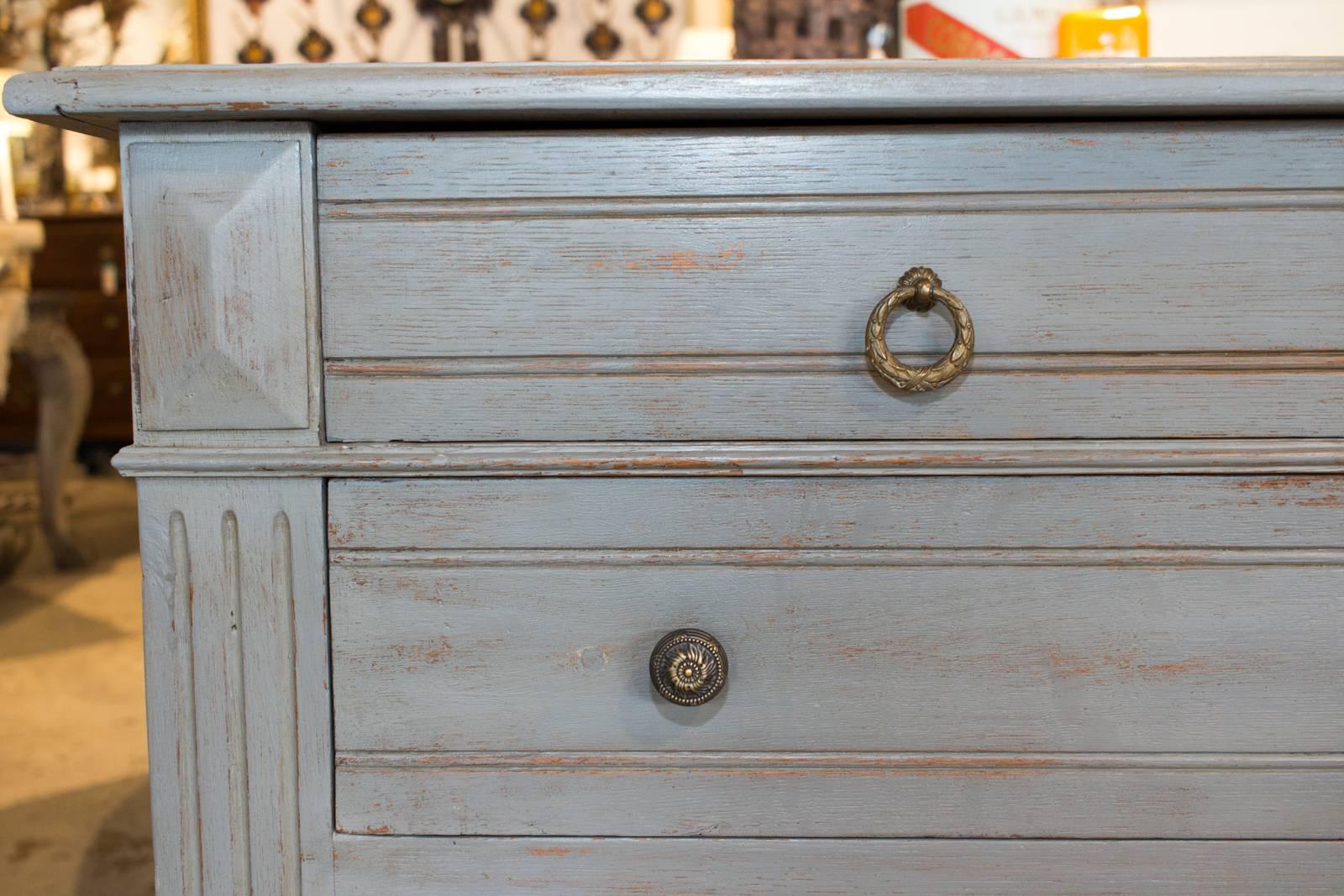Oak Antique Painted French Empire Chest of Drawers in French Blue