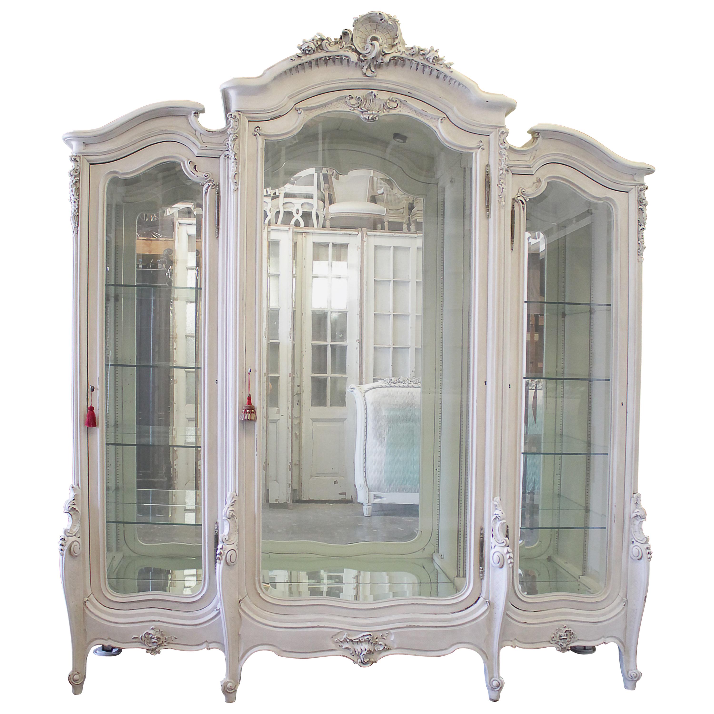 Antique Painted French Louis XV Style Carved Display Armoire