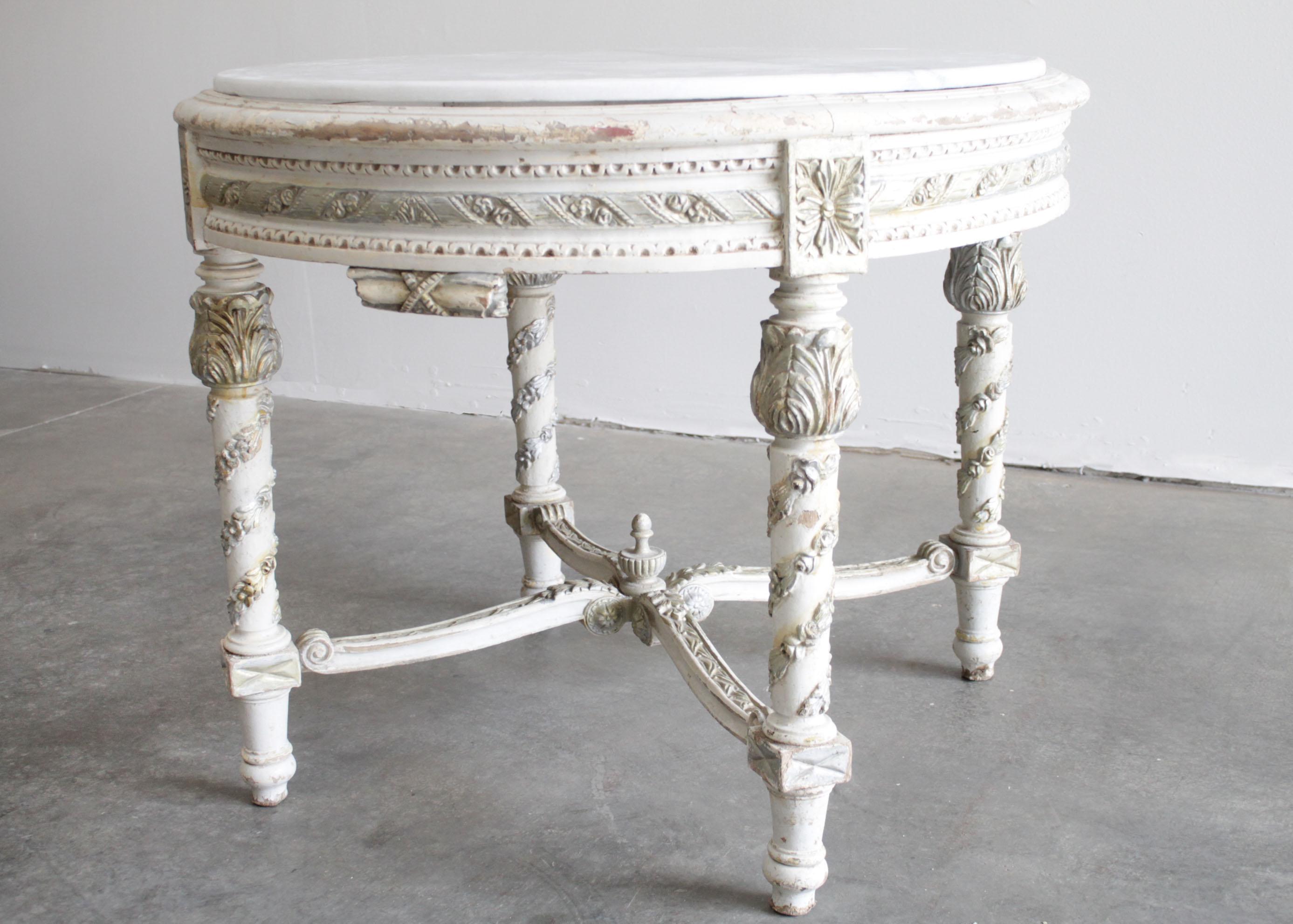 Antique Painted French Style Center Table in the Louis XVI Style with Marble Top In Good Condition In Brea, CA