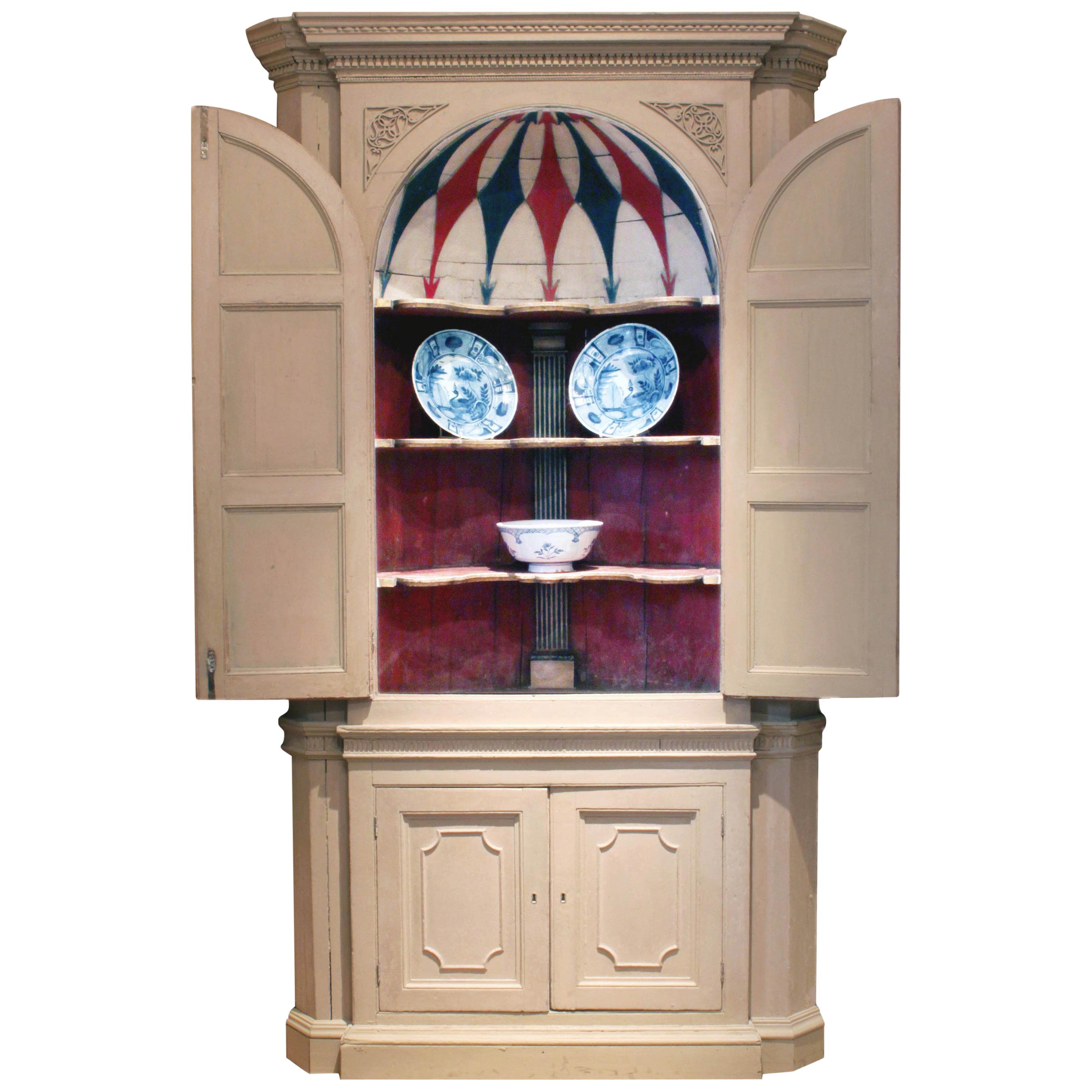 Antique Painted George III Architectural Pine Corner Cupboard For Sale