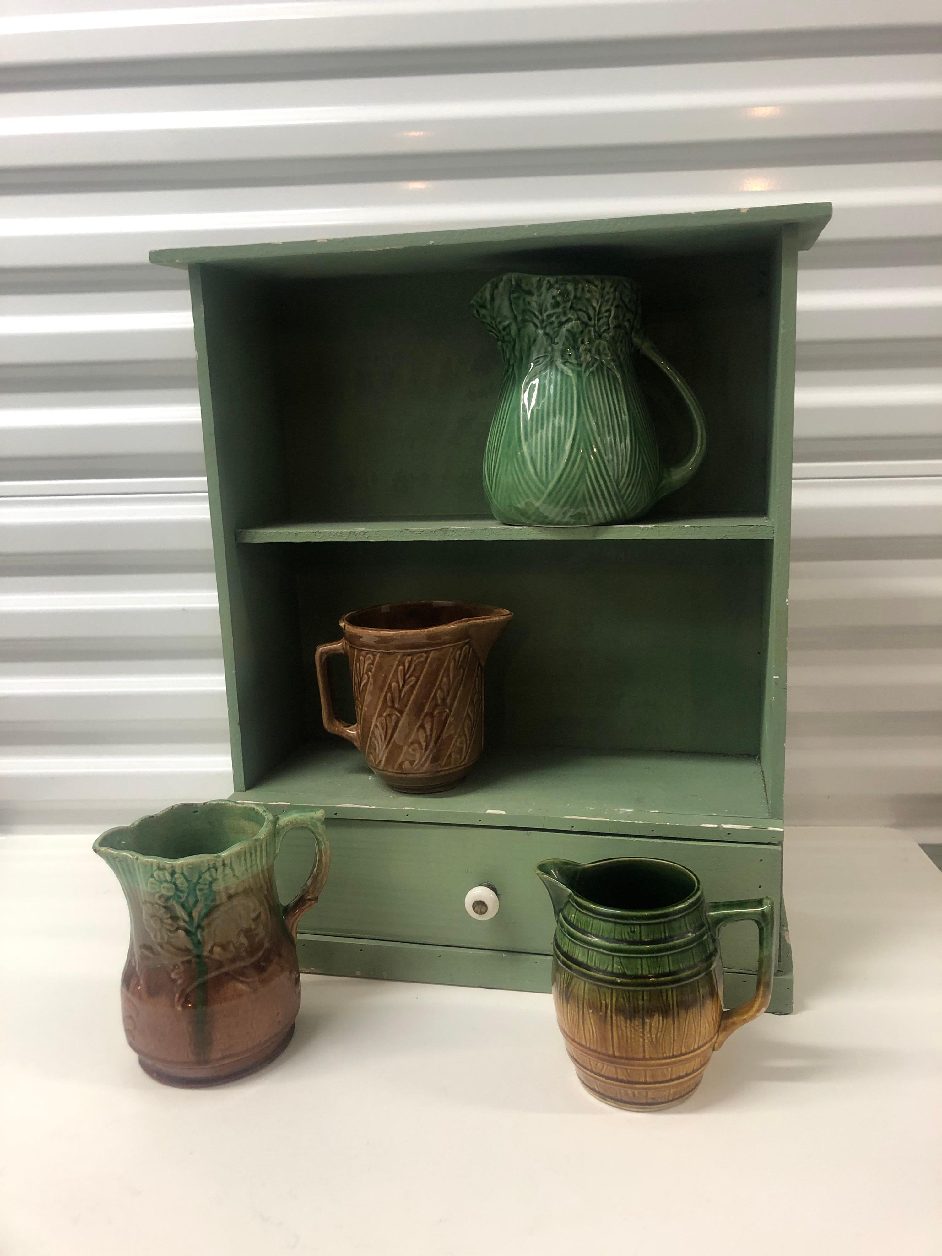 Country Antique Painted Green Display Wall Cabinet/Shelves