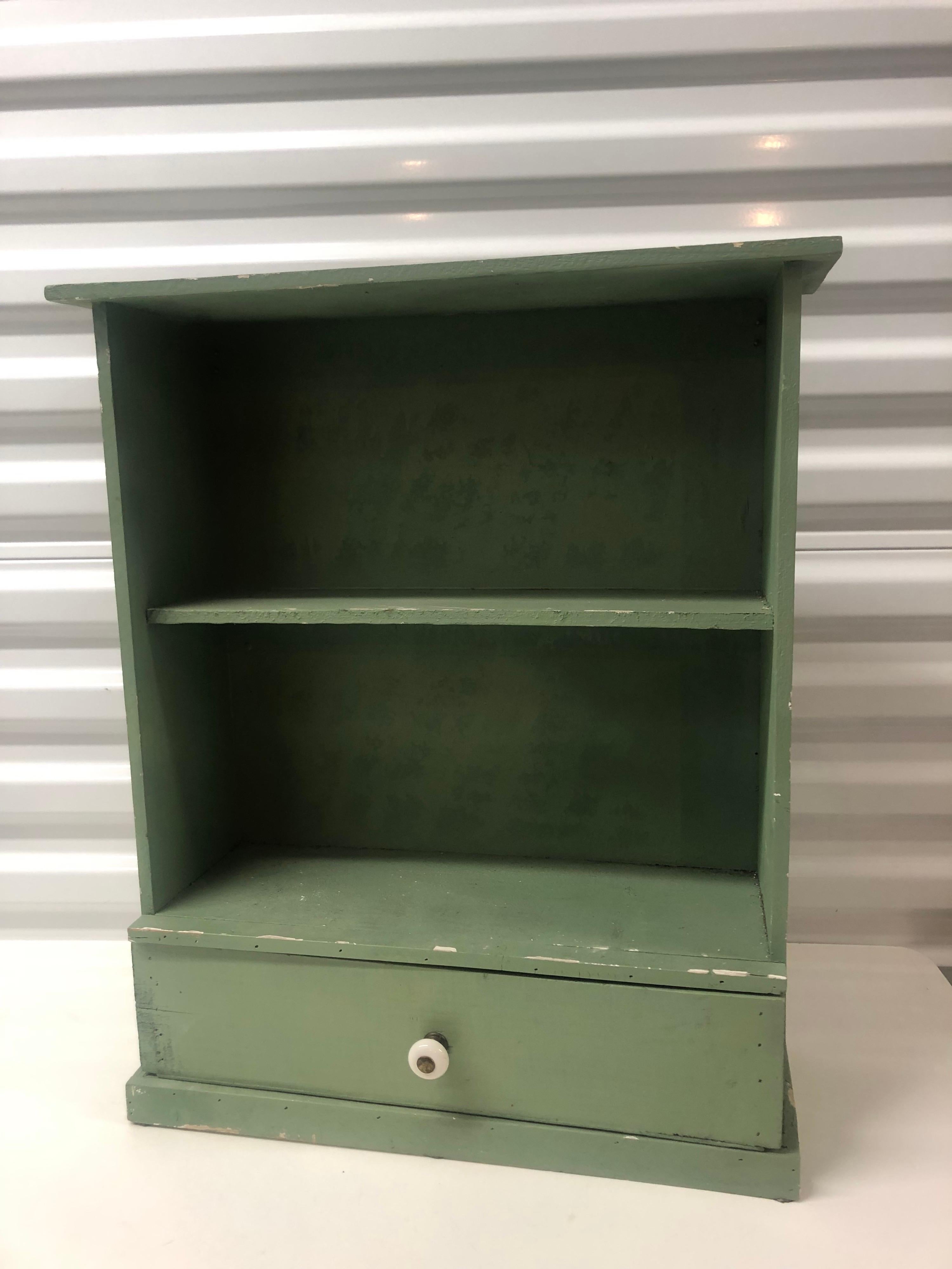 English Antique Painted Green Display Wall Cabinet/Shelves