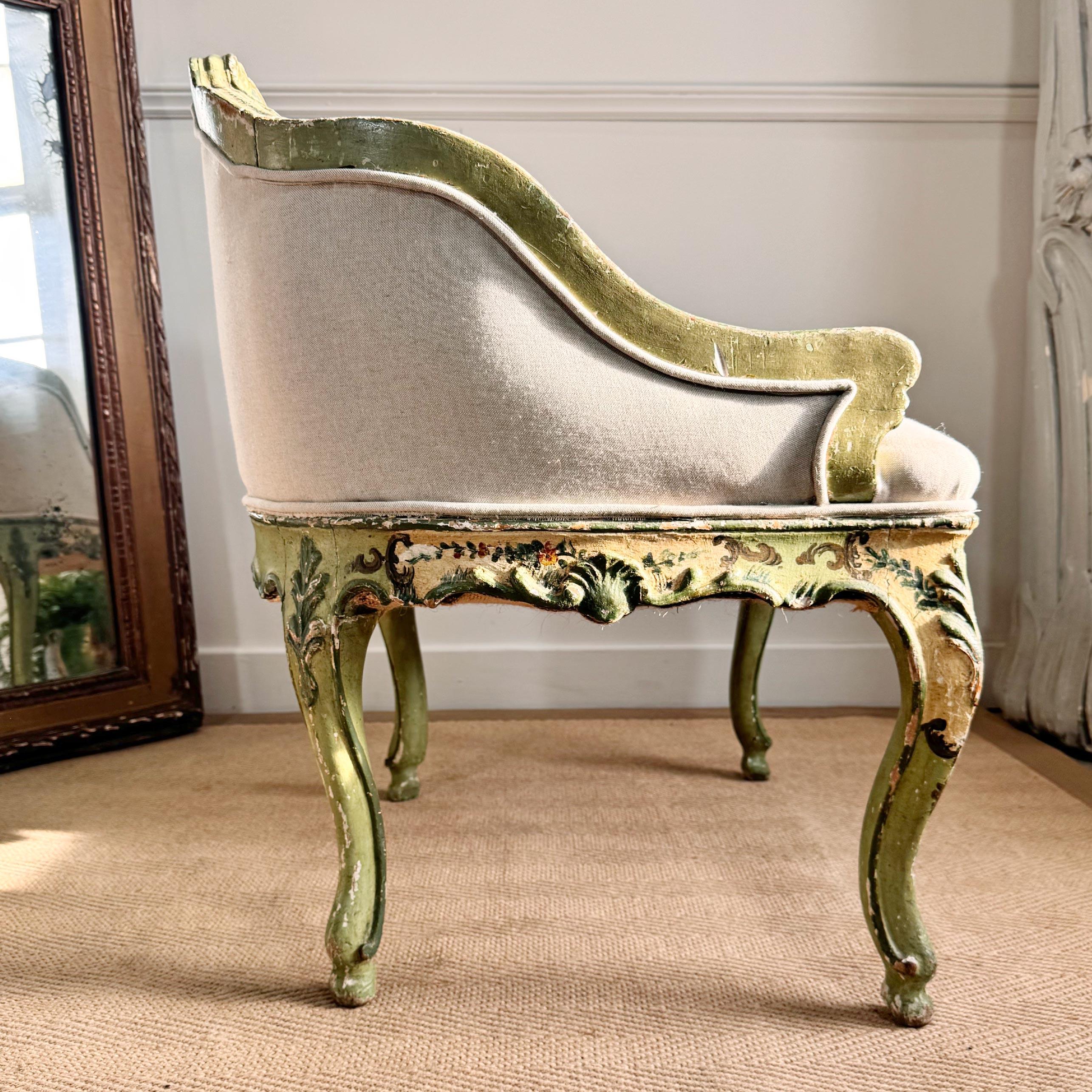 Silla veneciana antigua pintada de verde Circa 1820 Algodón en venta