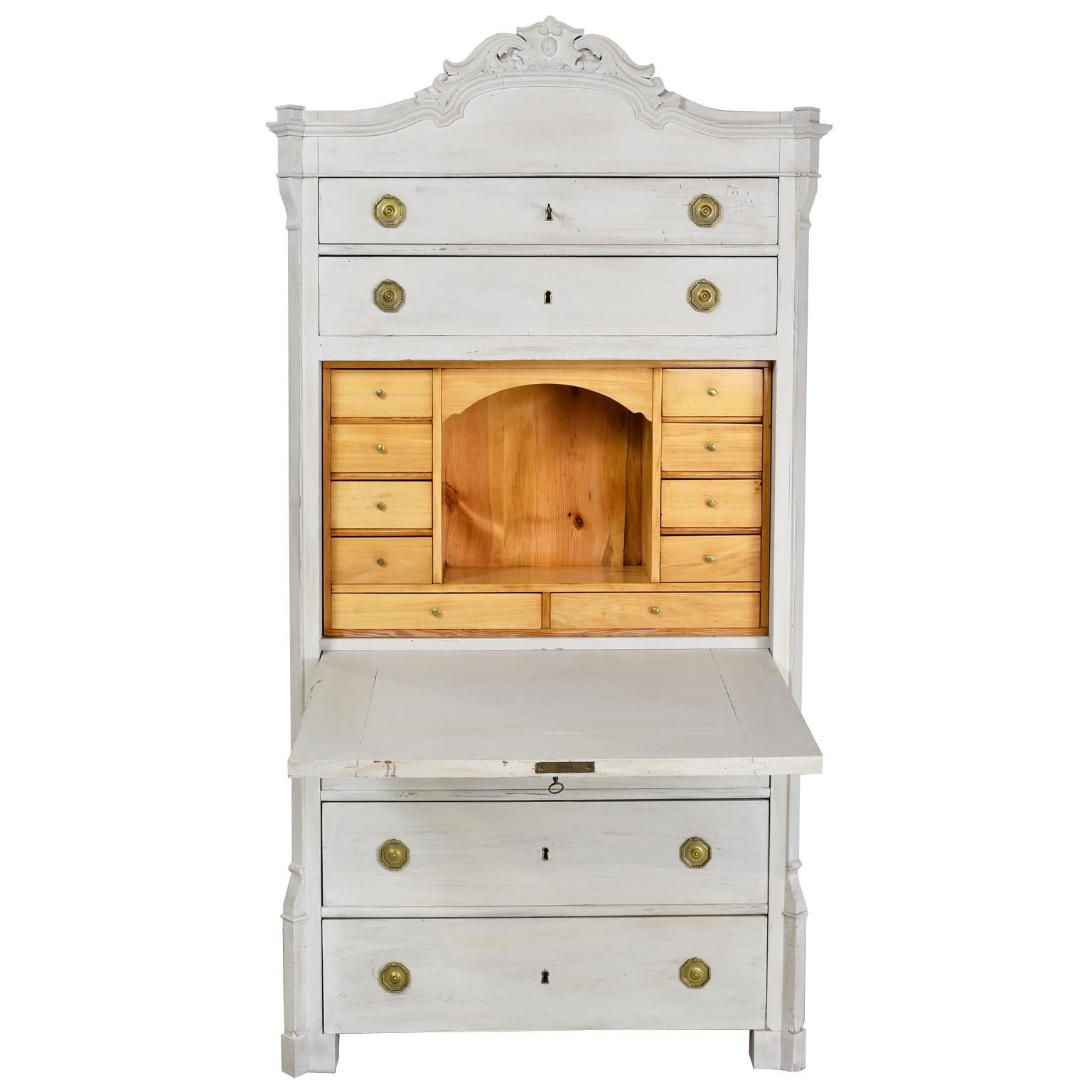 Brass Antique Painted Gustavian Grey/White Secretary with Fall-Front & Birch Interior For Sale