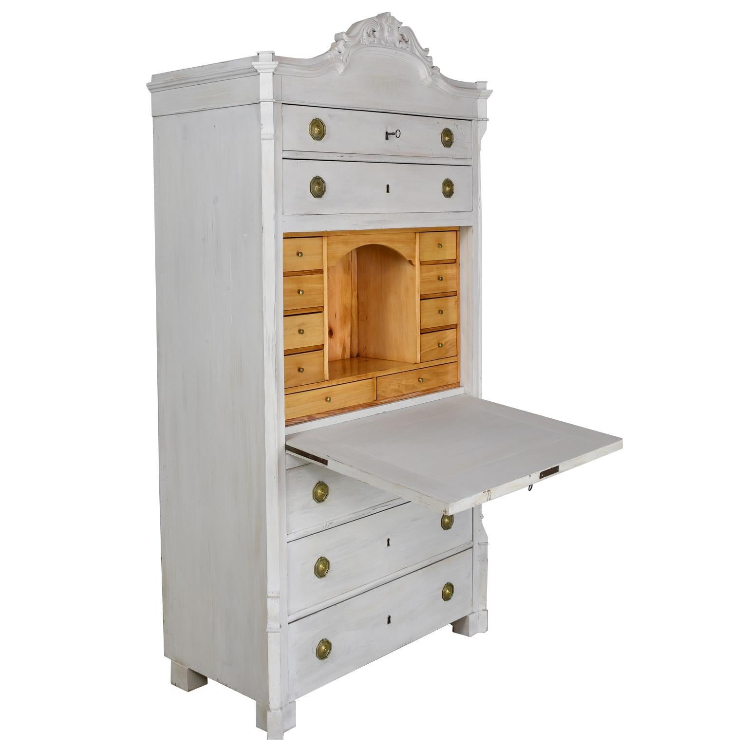 Louis Philippe Antique Painted Gustavian Grey/White Secretary with Fall-Front & Birch Interior For Sale
