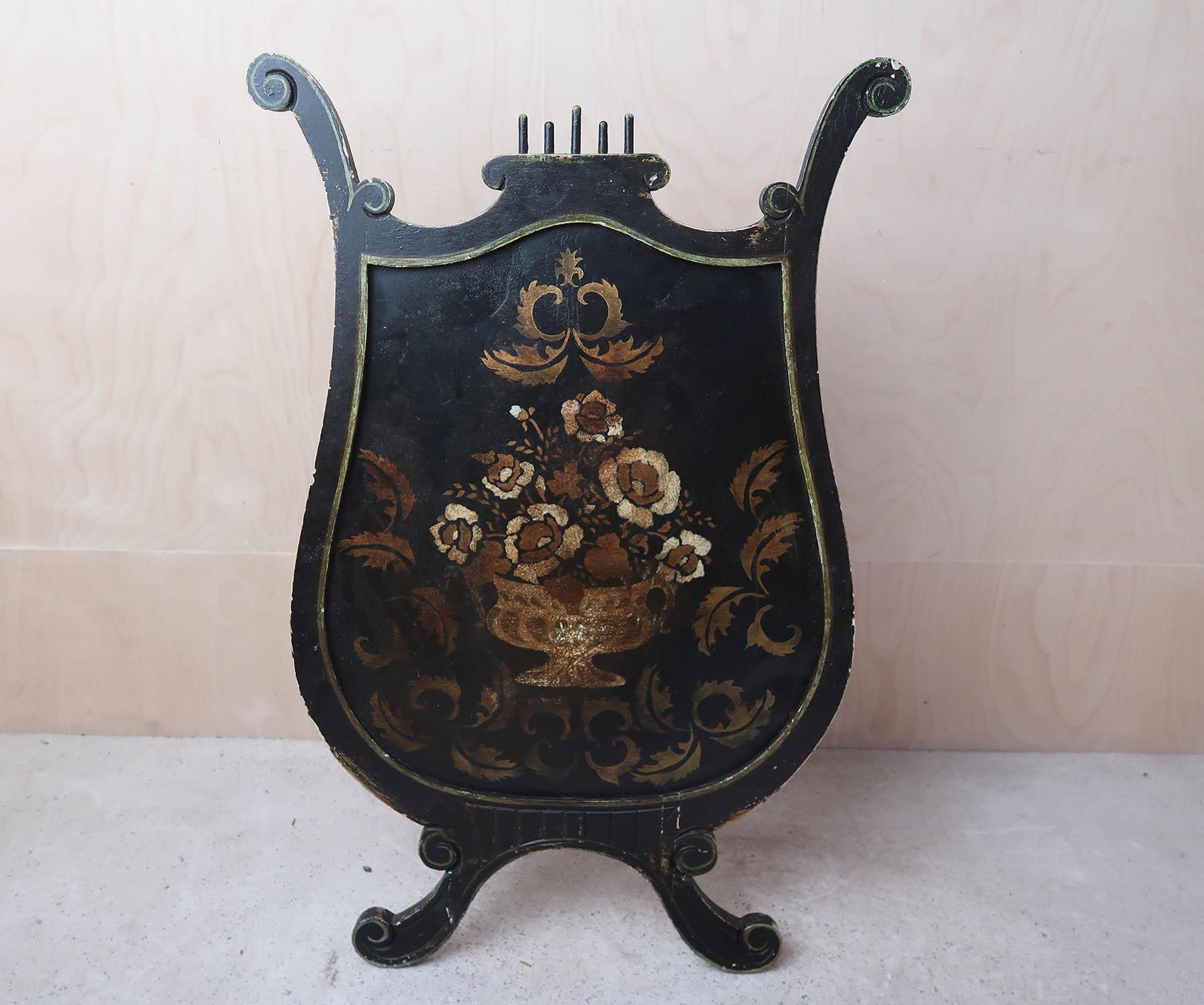 Folk Art Antique Painted Lyre Shaped Easel Fireplace Screen. English Late 19th Century For Sale