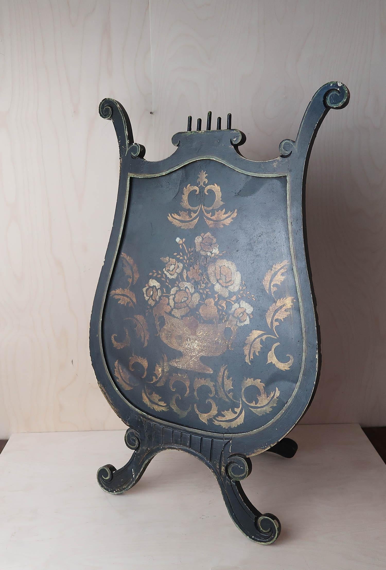 Tin Antique Painted Lyre Shaped Easel Fireplace Screen. English Late 19th Century For Sale
