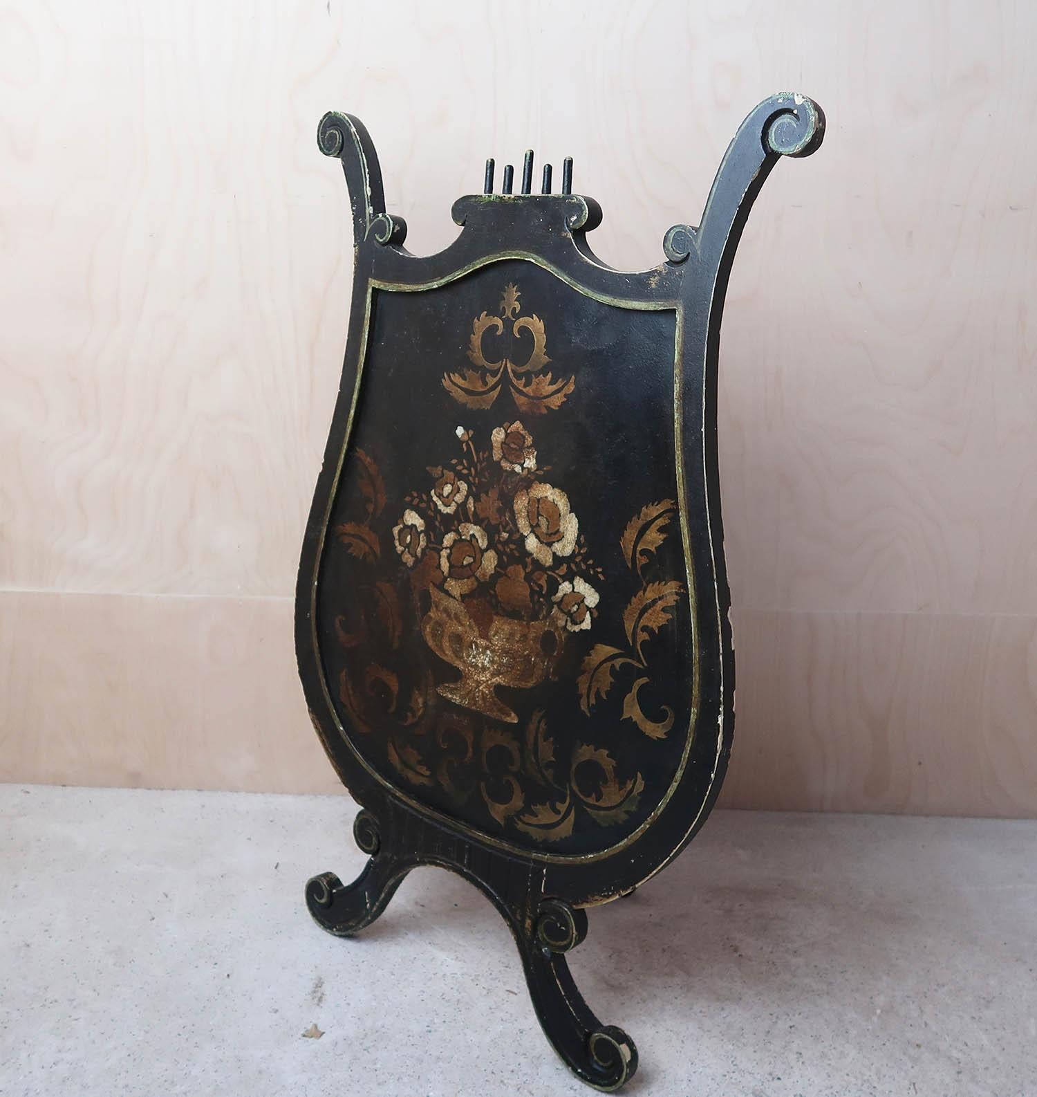 Antique Painted Lyre Shaped Easel Fireplace Screen. English Late 19th Century For Sale 3
