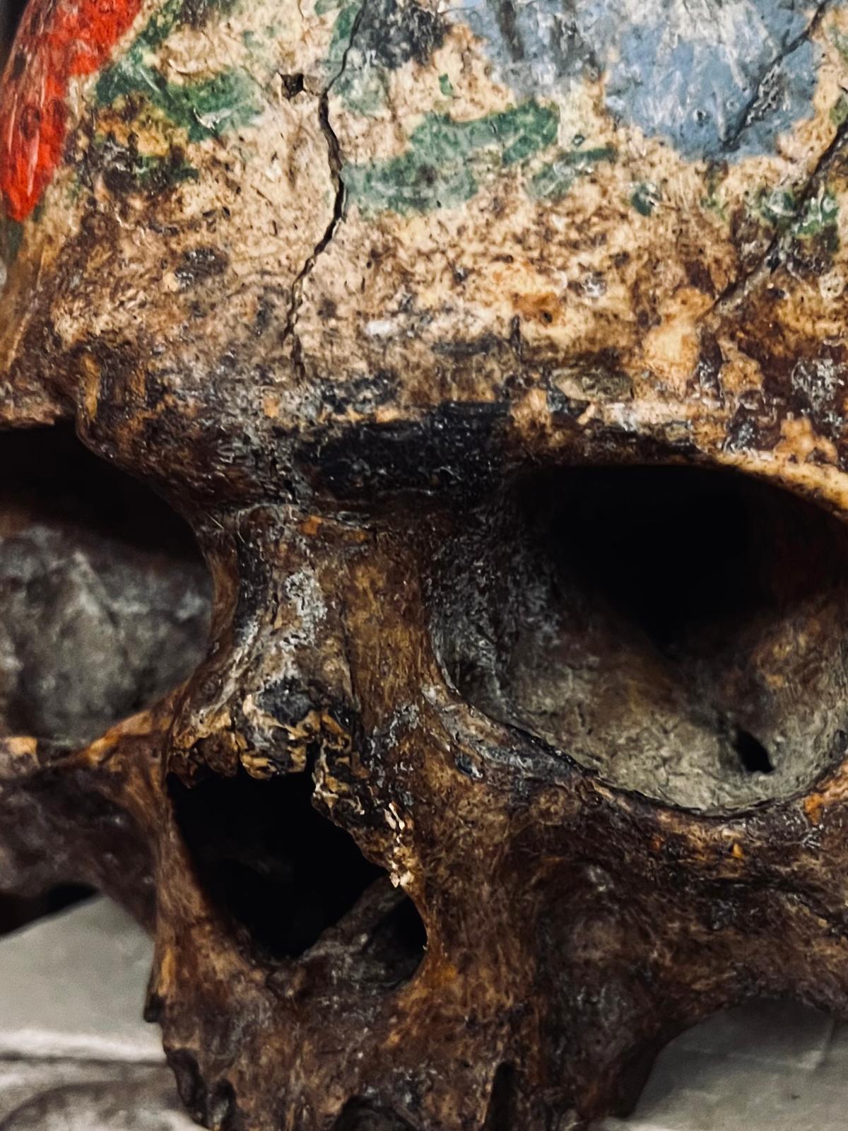 Antigua calavera pintada Memento Mori, fechada en 1769 Año de nacimiento de Napoleón I Francés en venta