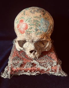 Antique Painted Memento Mori Skull, Dated 1769 Birth Year of Napoleon I
