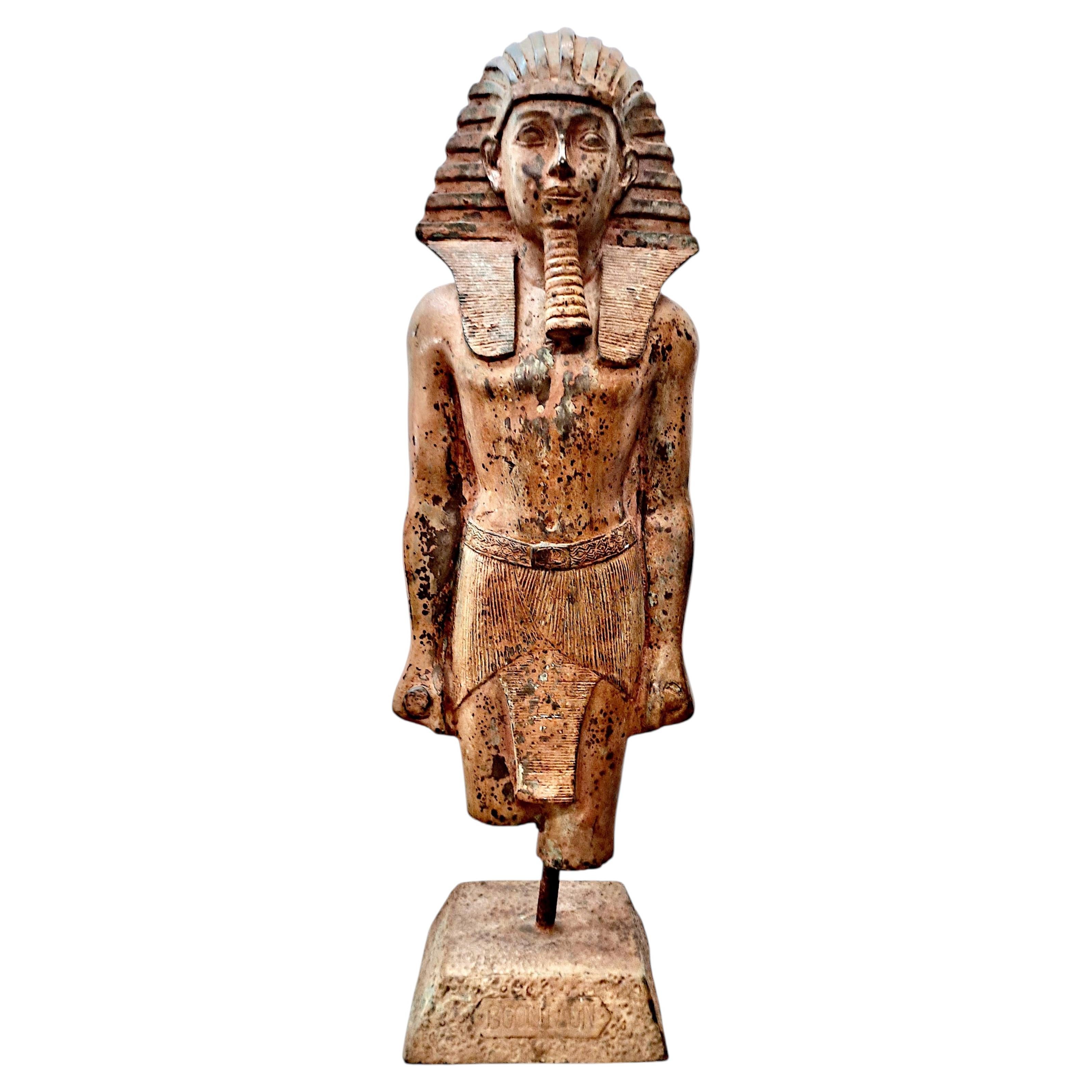 Antique Painted Metal Statue of An Egyptian Pharoah For Sale