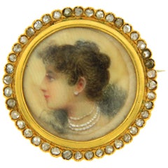 Antique Painted Miniature Diamond Brooch