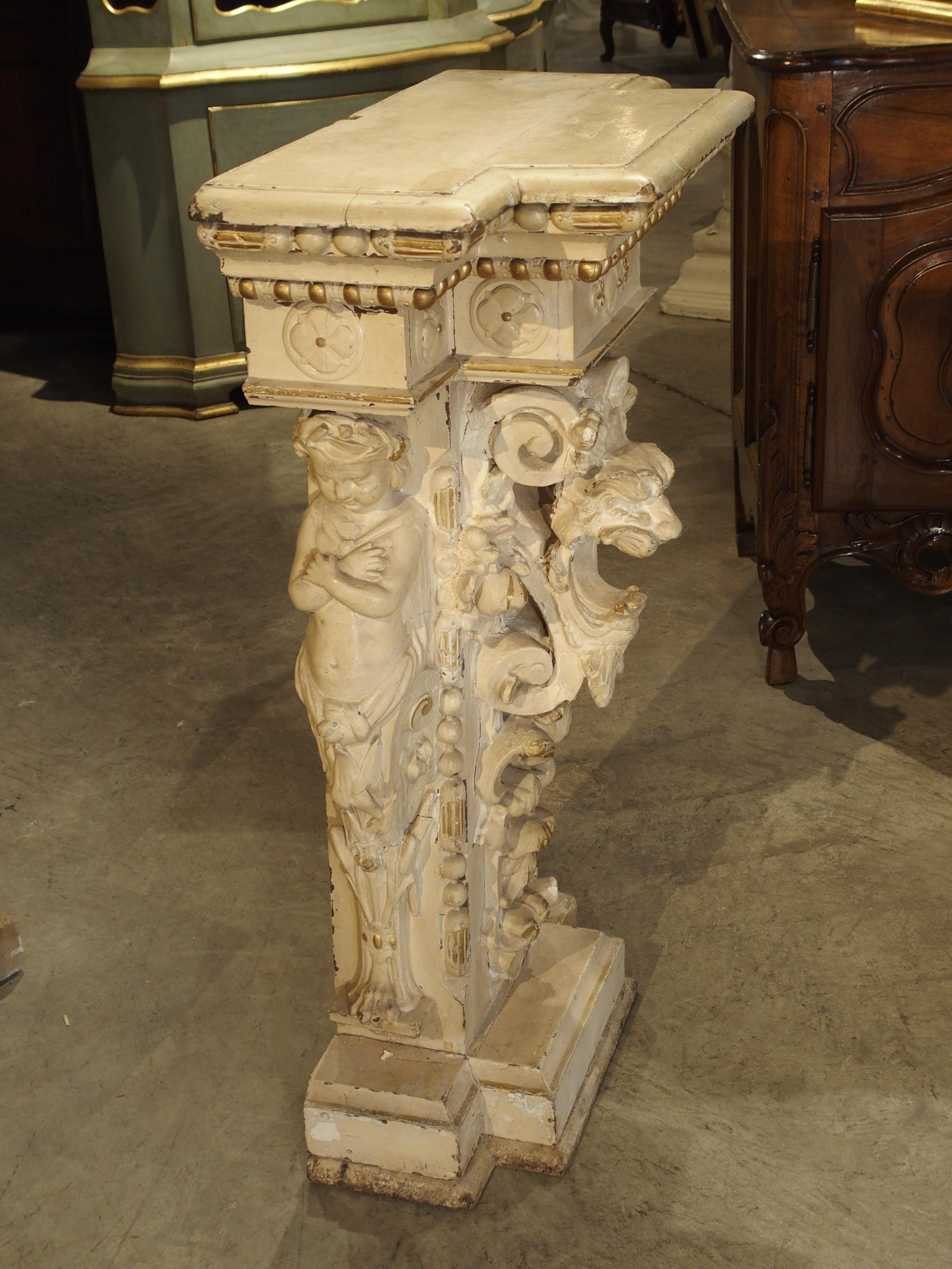 Hand-Carved Antique Painted Napoleon III Wall Console Pedestal, circa 1860