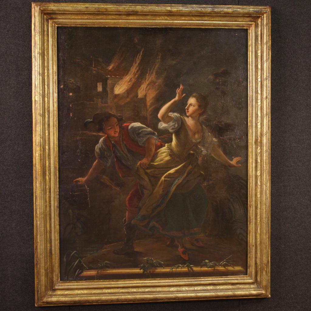 Ancient painting18th century Italian. Opera oil on canvas depicting a particular night fire scene with characters of great charm. Painting with elements of the Neapolitan school, given by the popular character of the scene represented and the