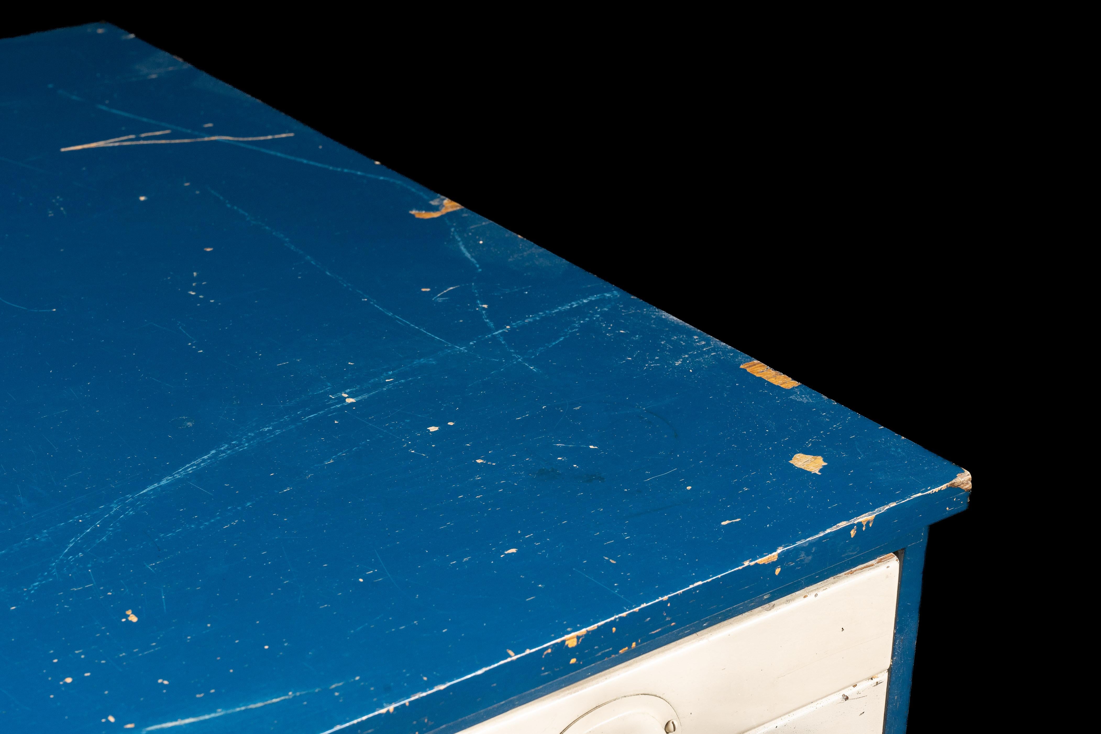Antique Painted Oak Flat File Cabinet in Blue For Sale 5