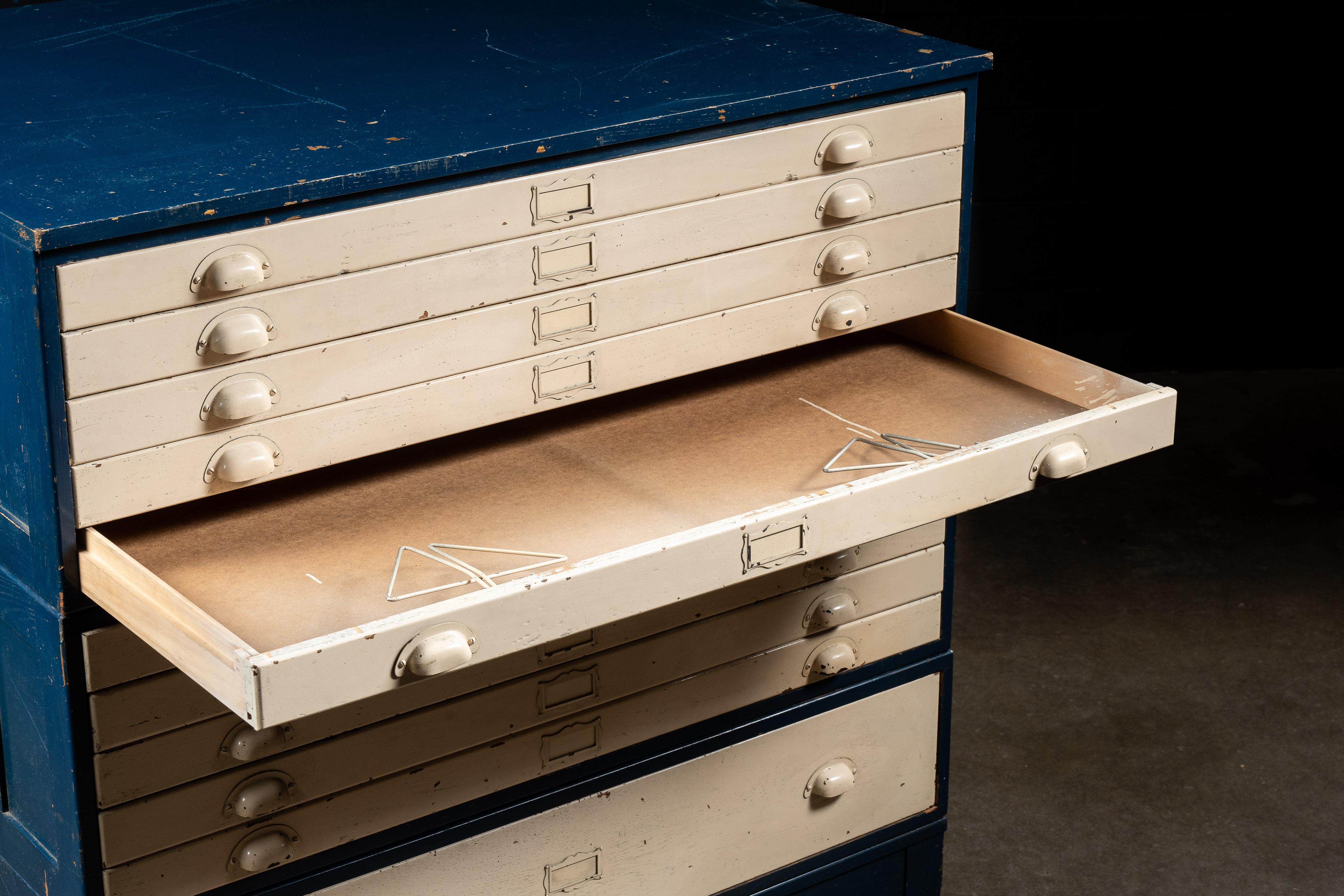 Antique Painted Oak Flat File Cabinet in Blue For Sale 6